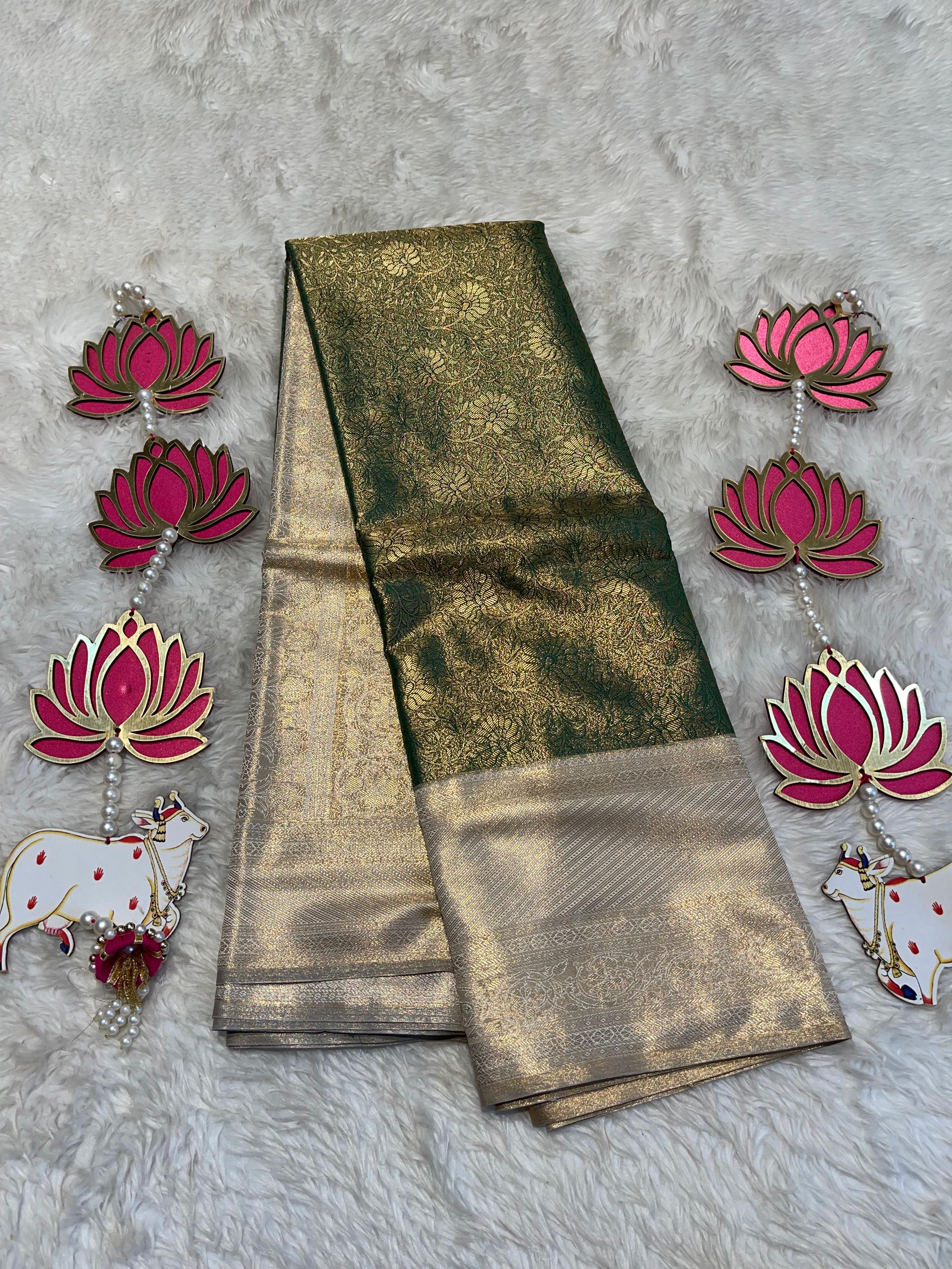 SWAYAMVARAM-BOTTLE GREEN WITH HALFWHITE BORCADE SAREE