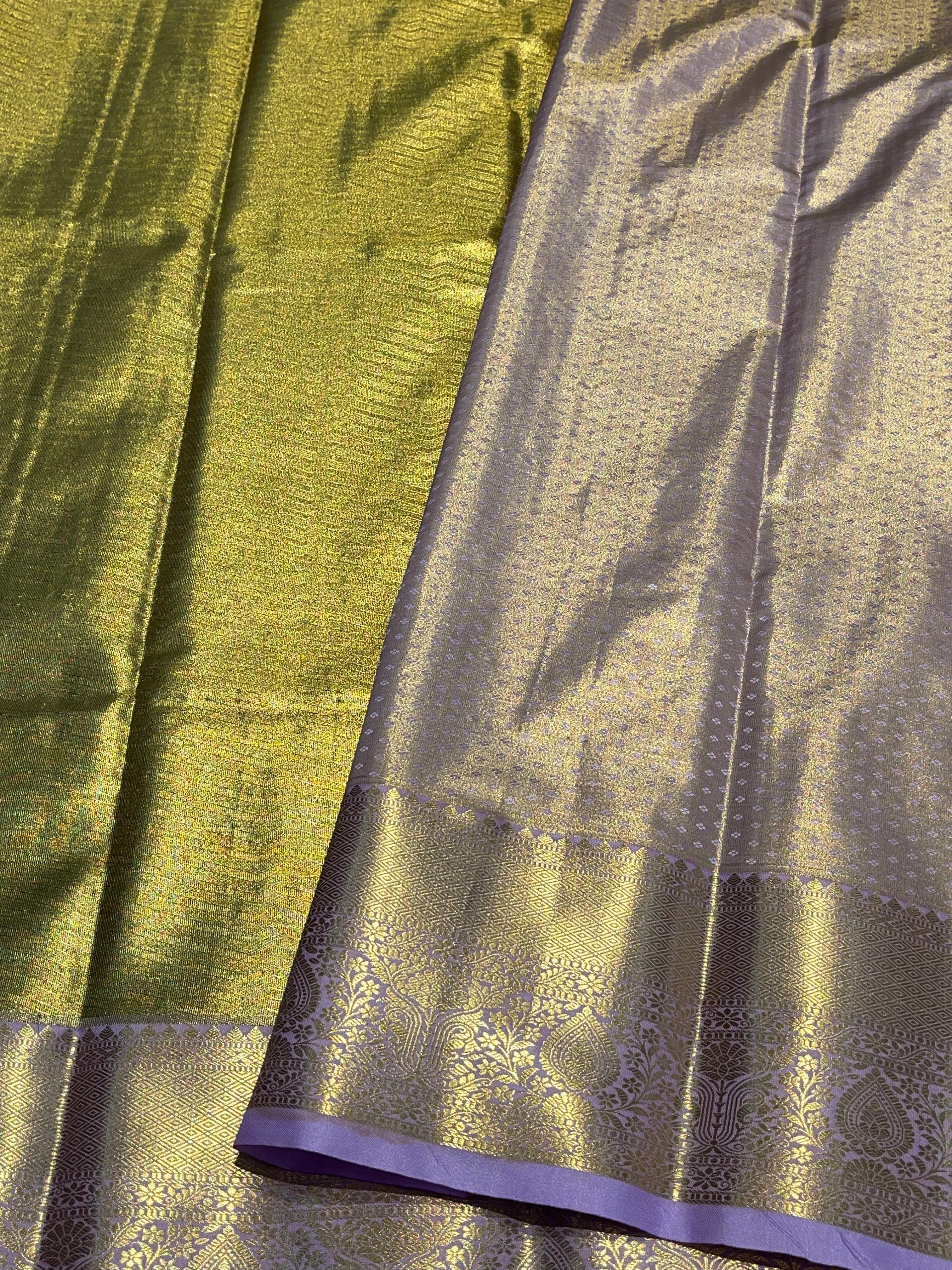 SWAYAMVARAM- DARK ANTIQUE GOLD WITH LILAC BORDER SILK SAREE