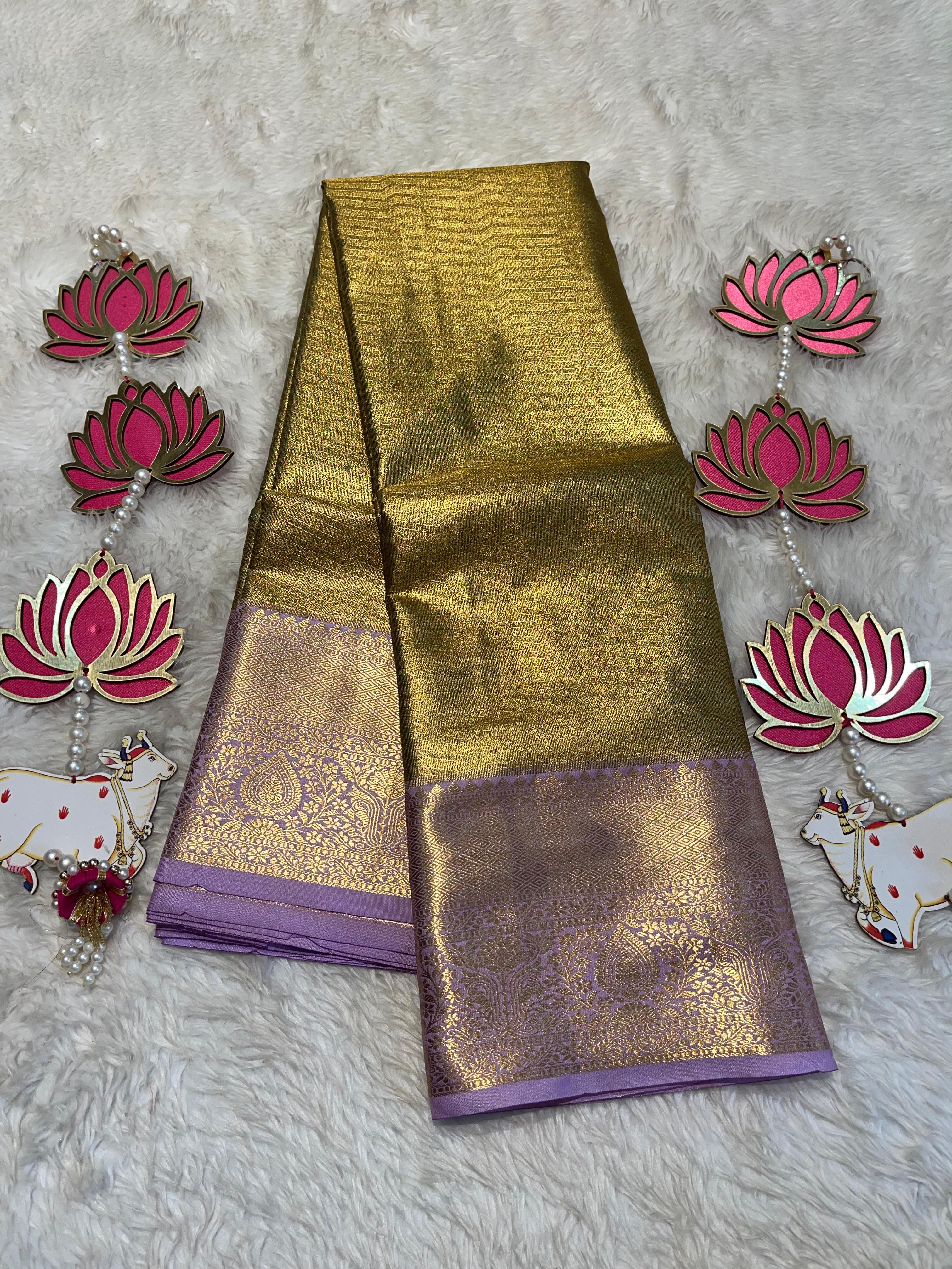 SWAYAMVARAM- DARK ANTIQUE GOLD WITH LILAC BORDER SILK SAREE