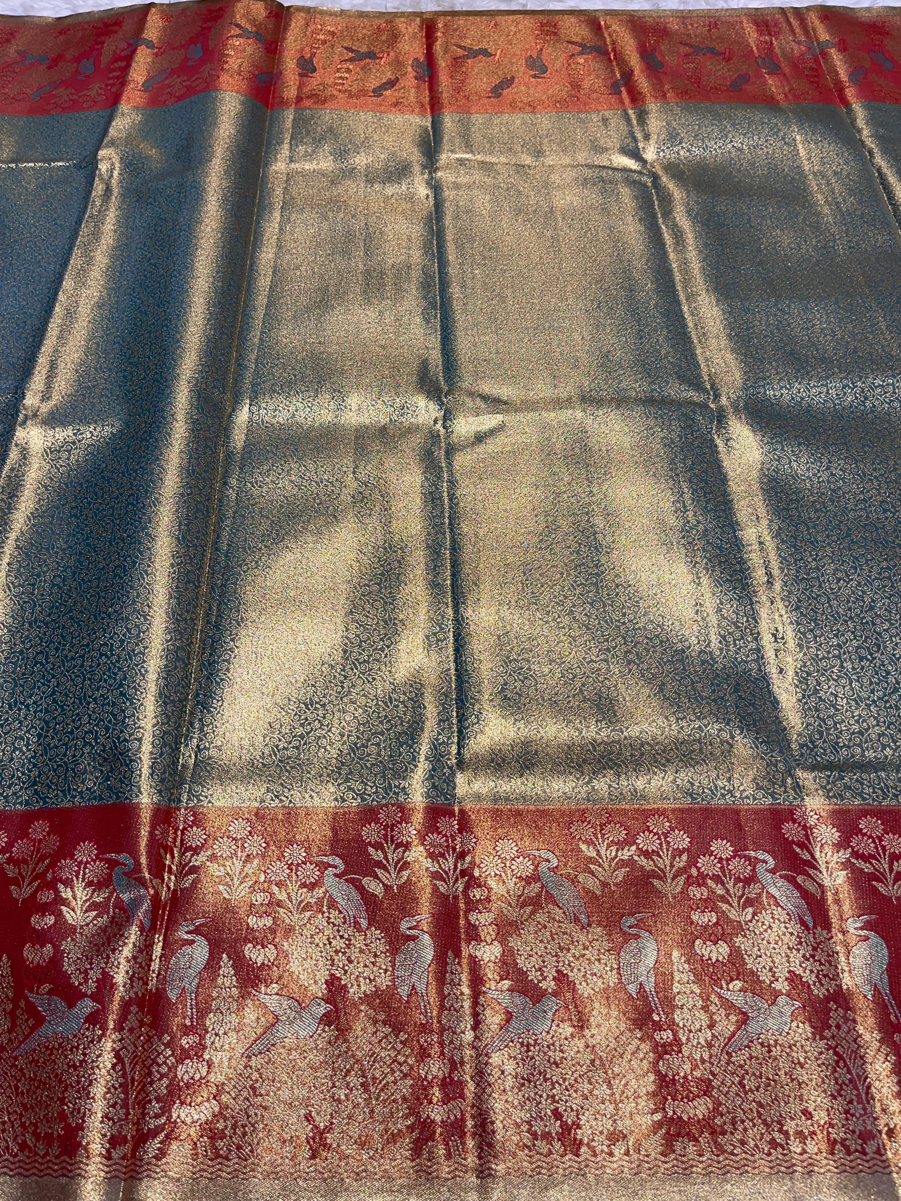 SWAYAMVARAM-BLUE DUAL TONE WITH RED SILK SAREE