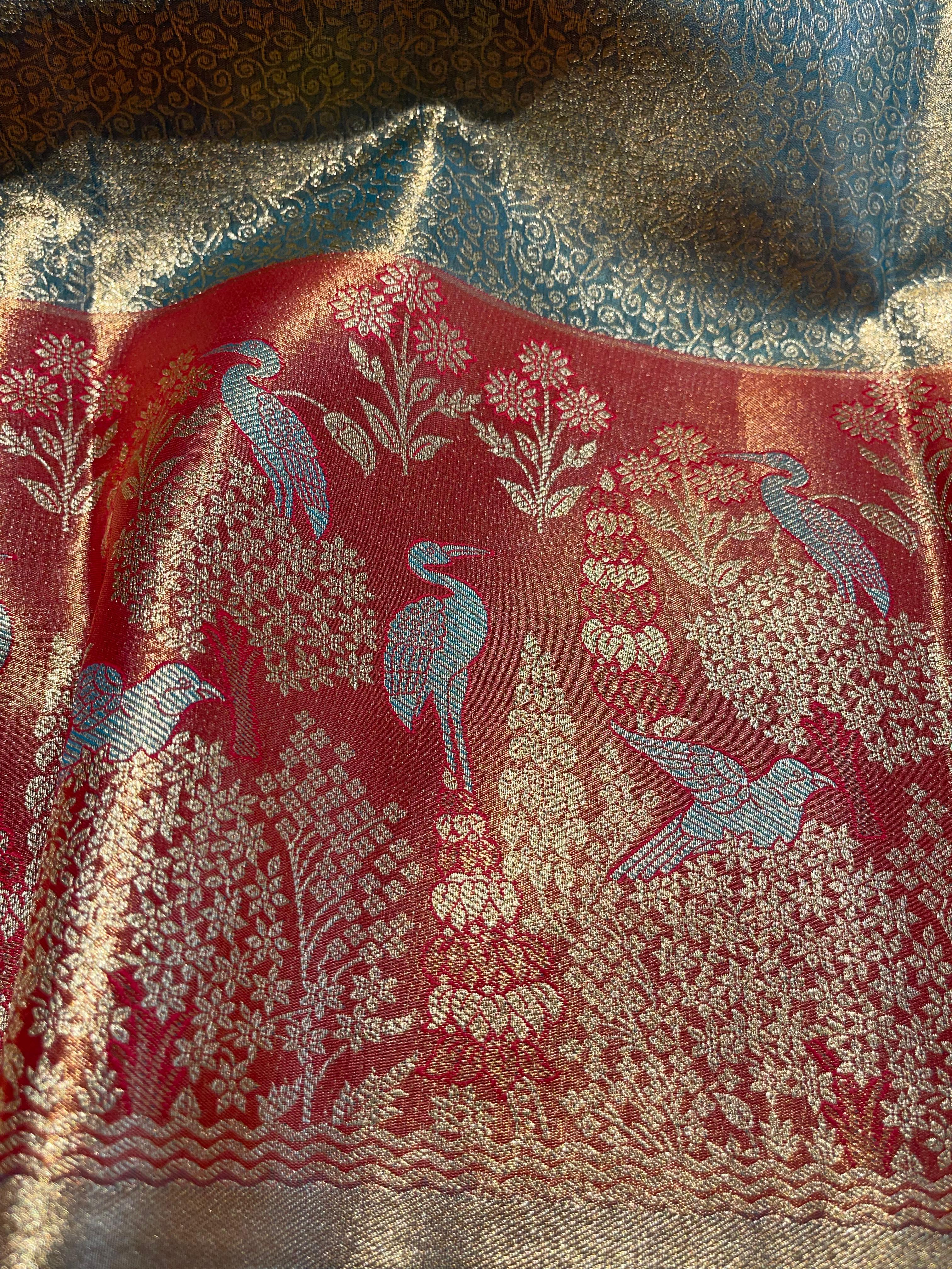 SWAYAMVARAM-BLUE DUAL TONE WITH RED SILK SAREE