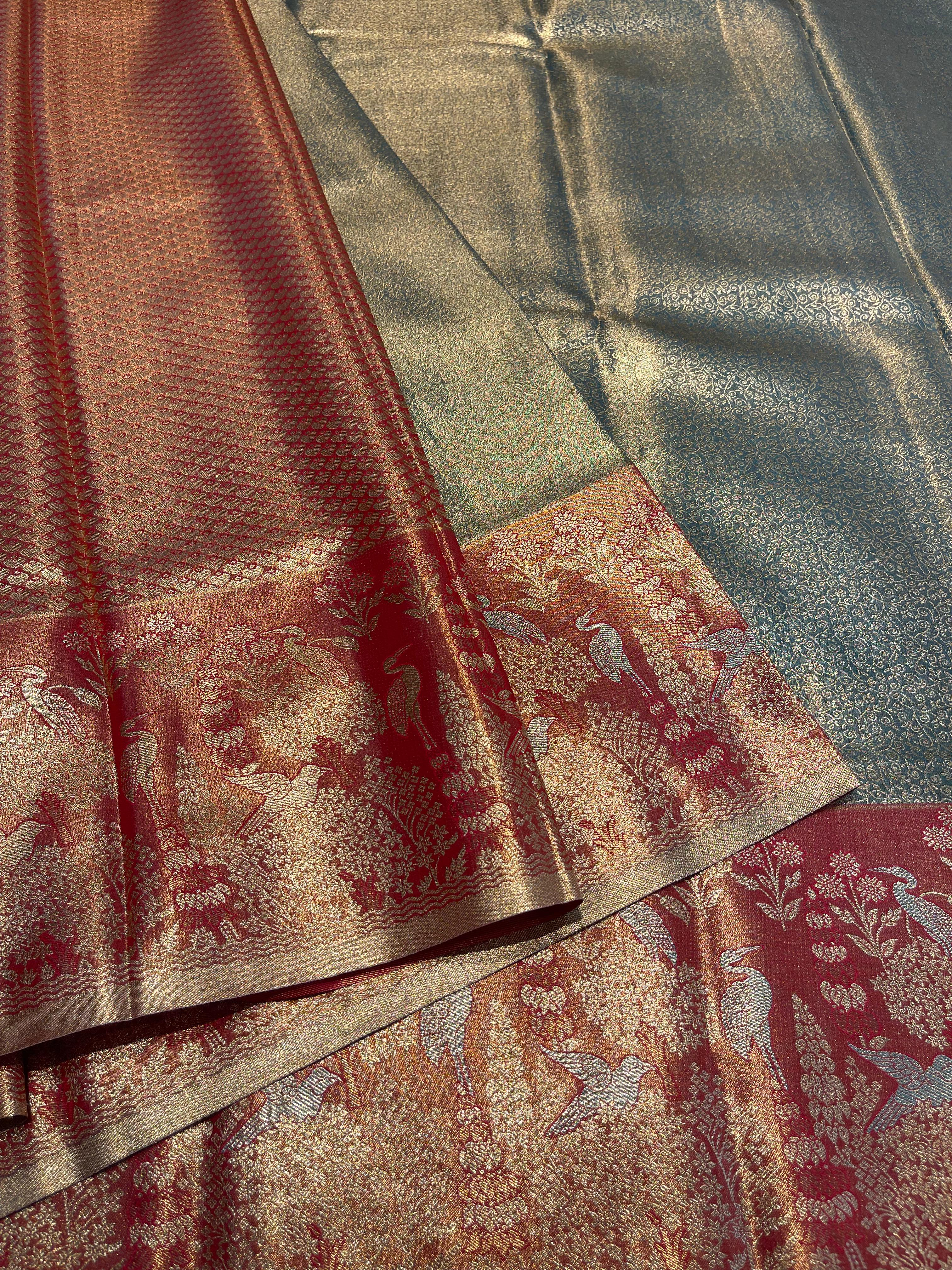 SWAYAMVARAM-BLUE DUAL TONE WITH RED SILK SAREE