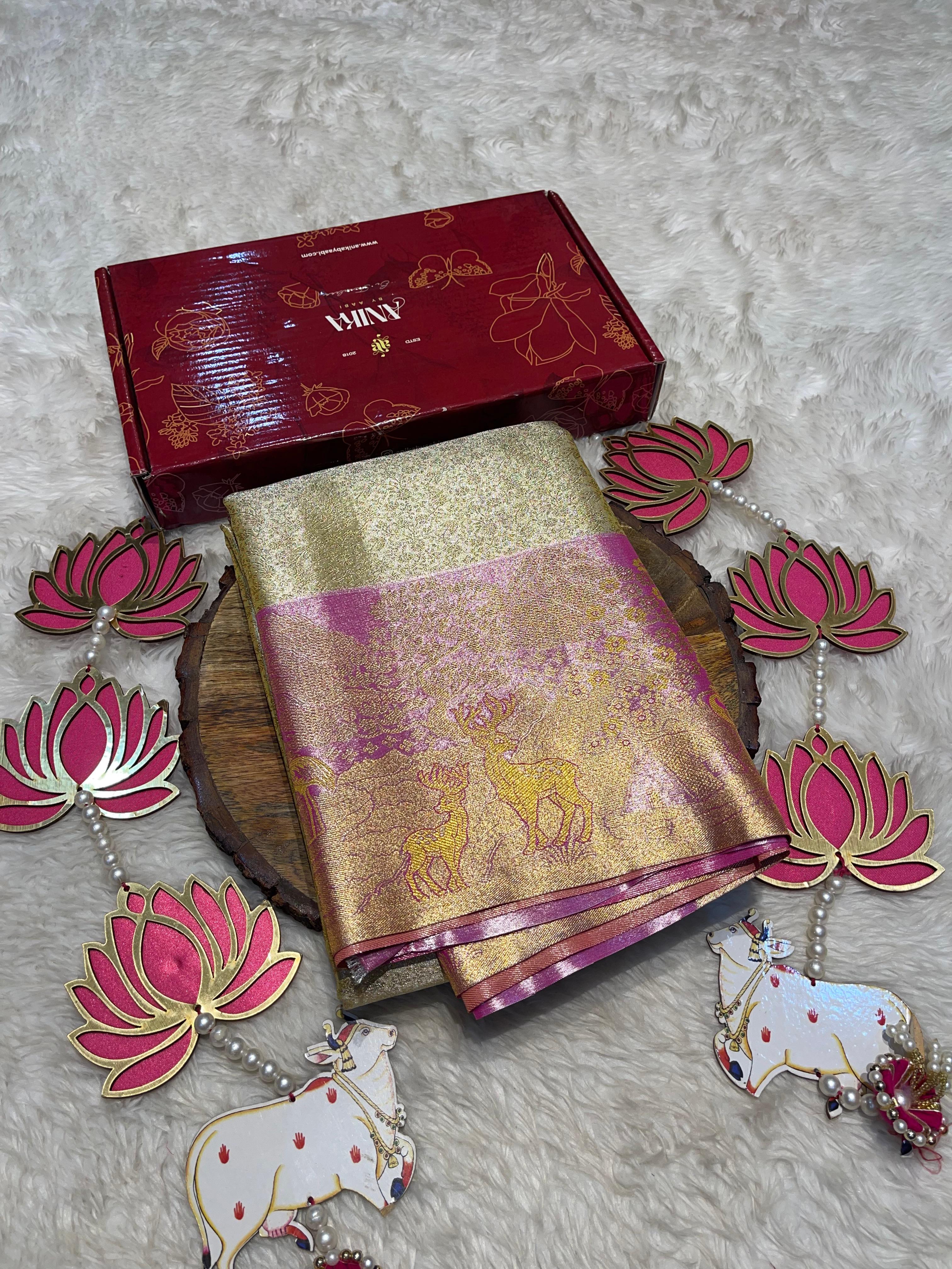 SWAYAMVARAM- BEIEGE GOLD WITH PINK DUAL TONE SILK SAREE