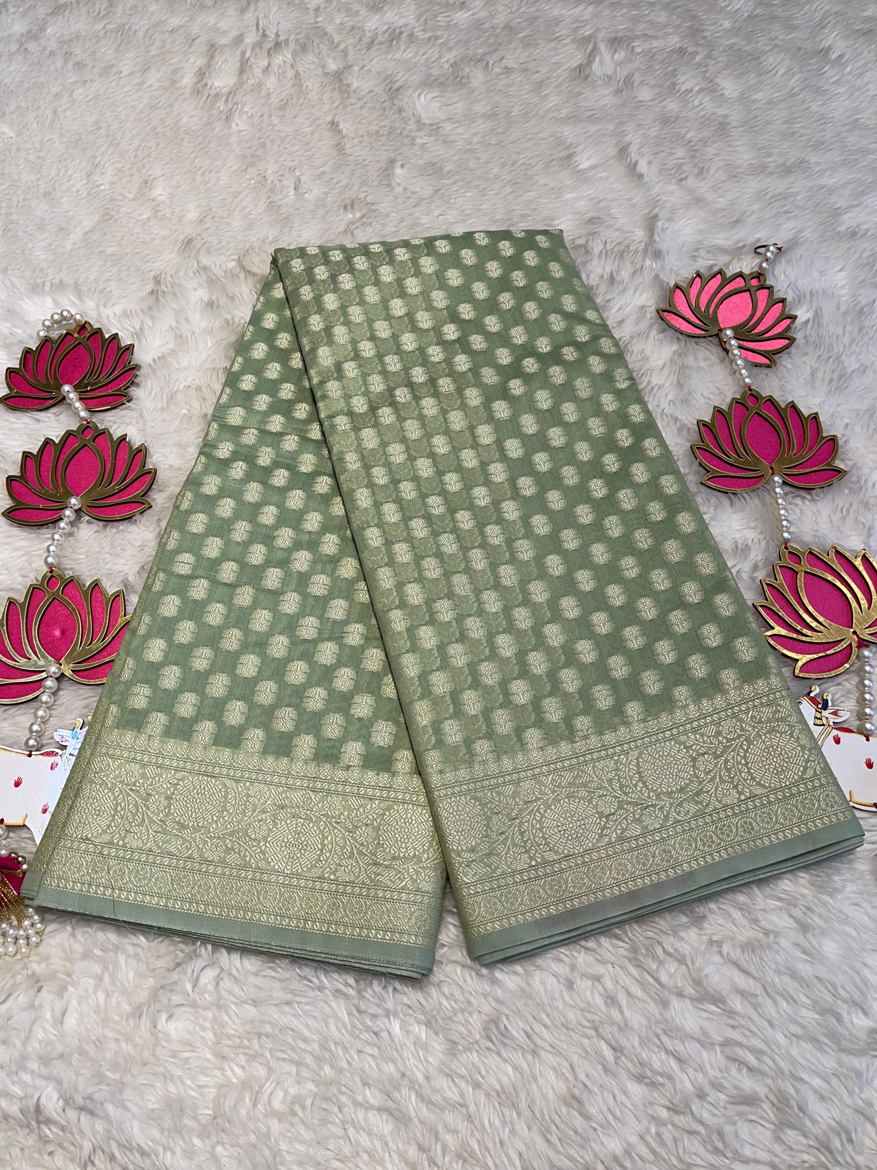 ANIKA'S BANARASI KORA COTTON - SAGE GREEN SAREE