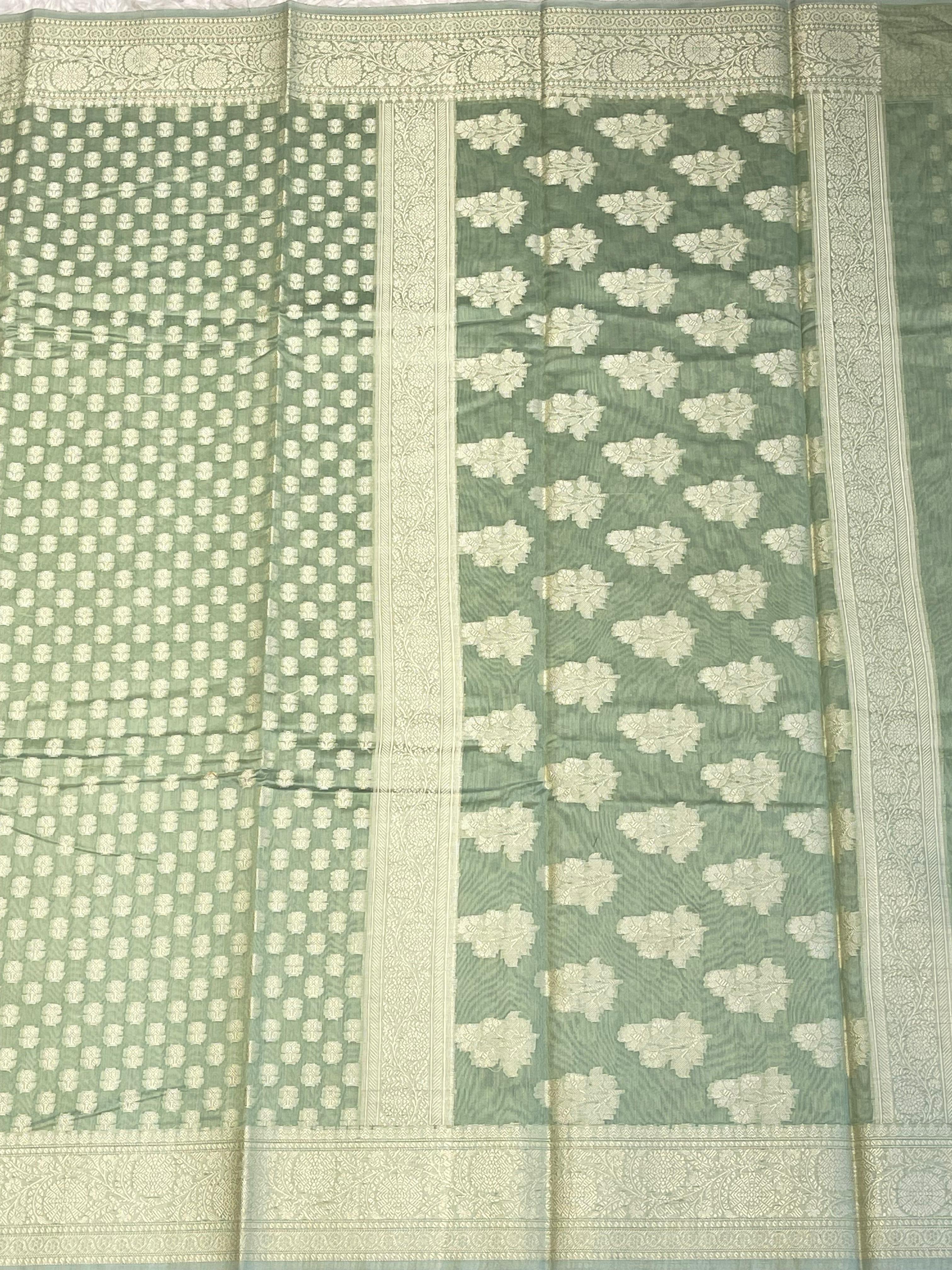 ANIKA'S BANARASI KORA COTTON - SAGE GREEN SAREE