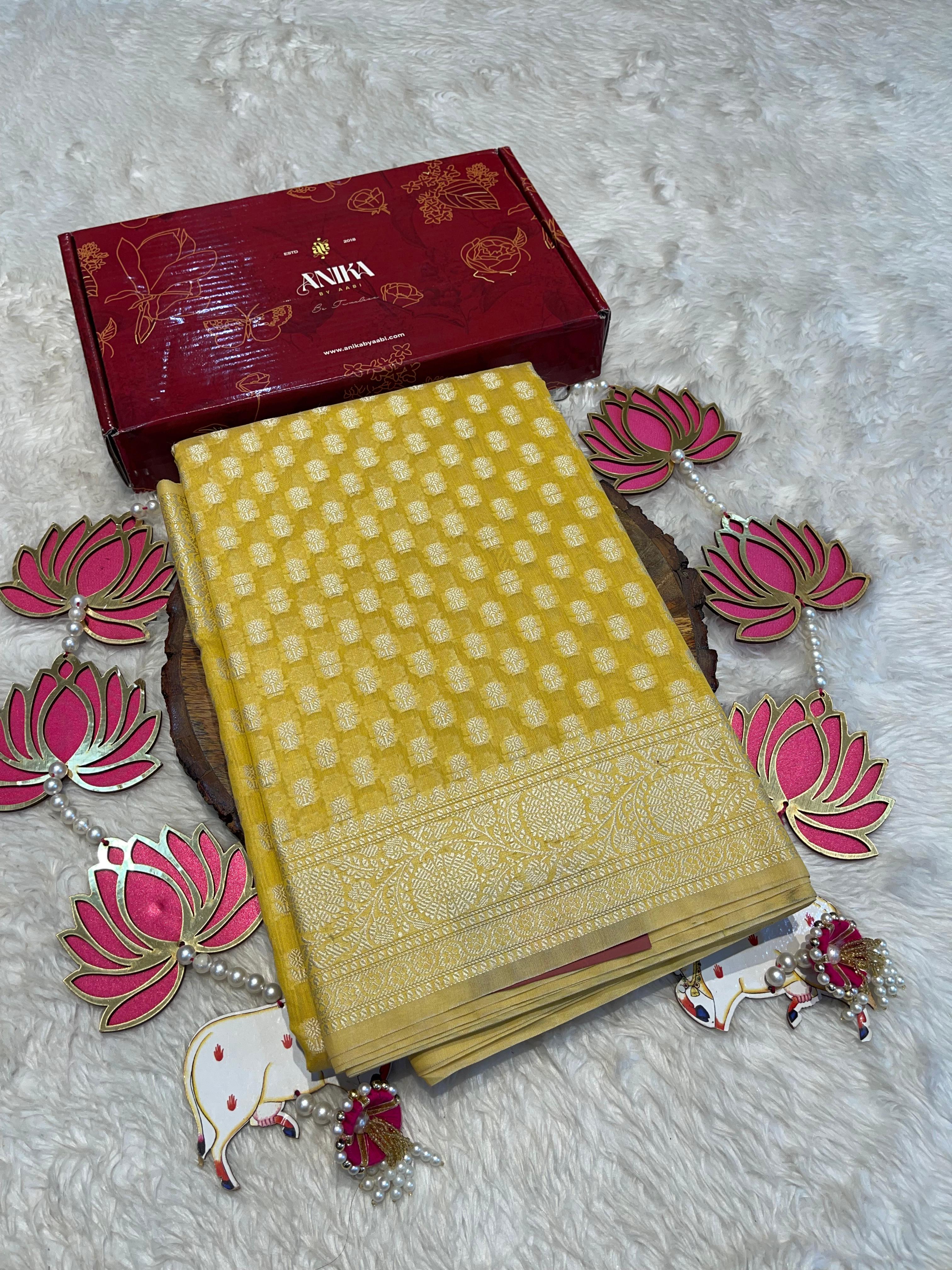 ANIKA'S BANARASI KORA COTTON - YELLOW SAREE