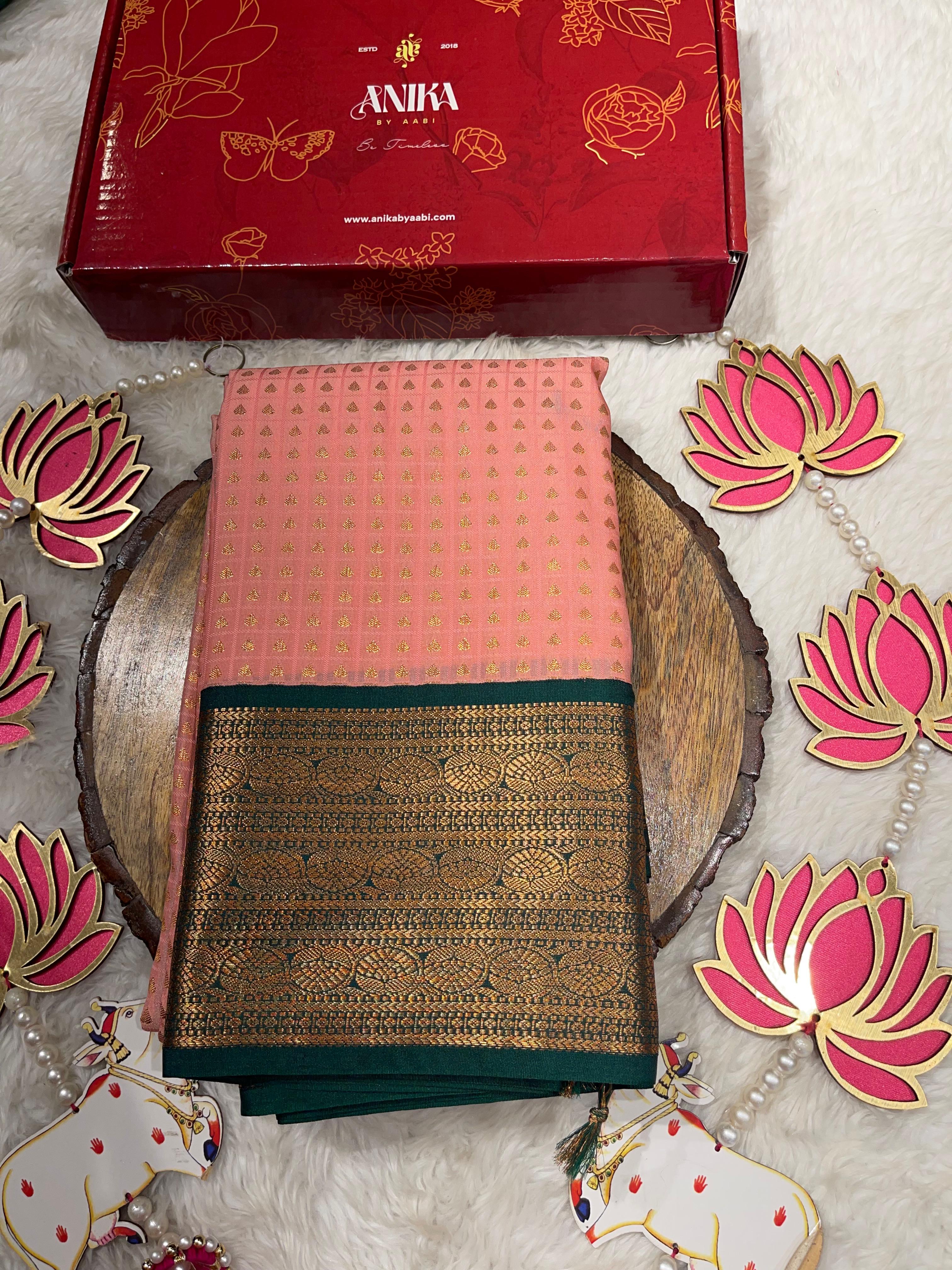 1000 BUTTAS-LIGHTPEACH WITH BOTTLEGREEN2 SAREE