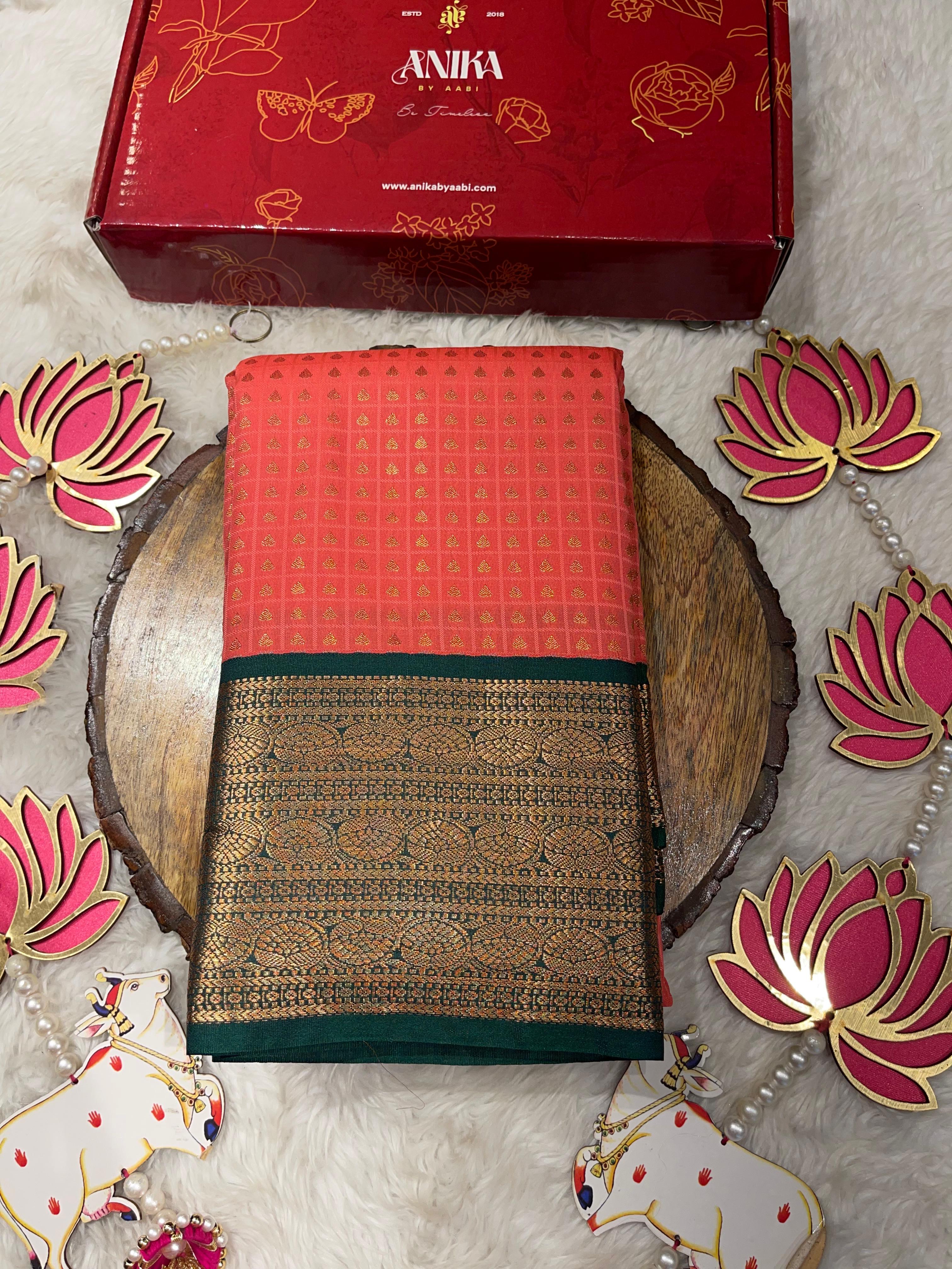 1000 BUTTAS-PEACH WITH BOTTLEGREEN3 SAREE