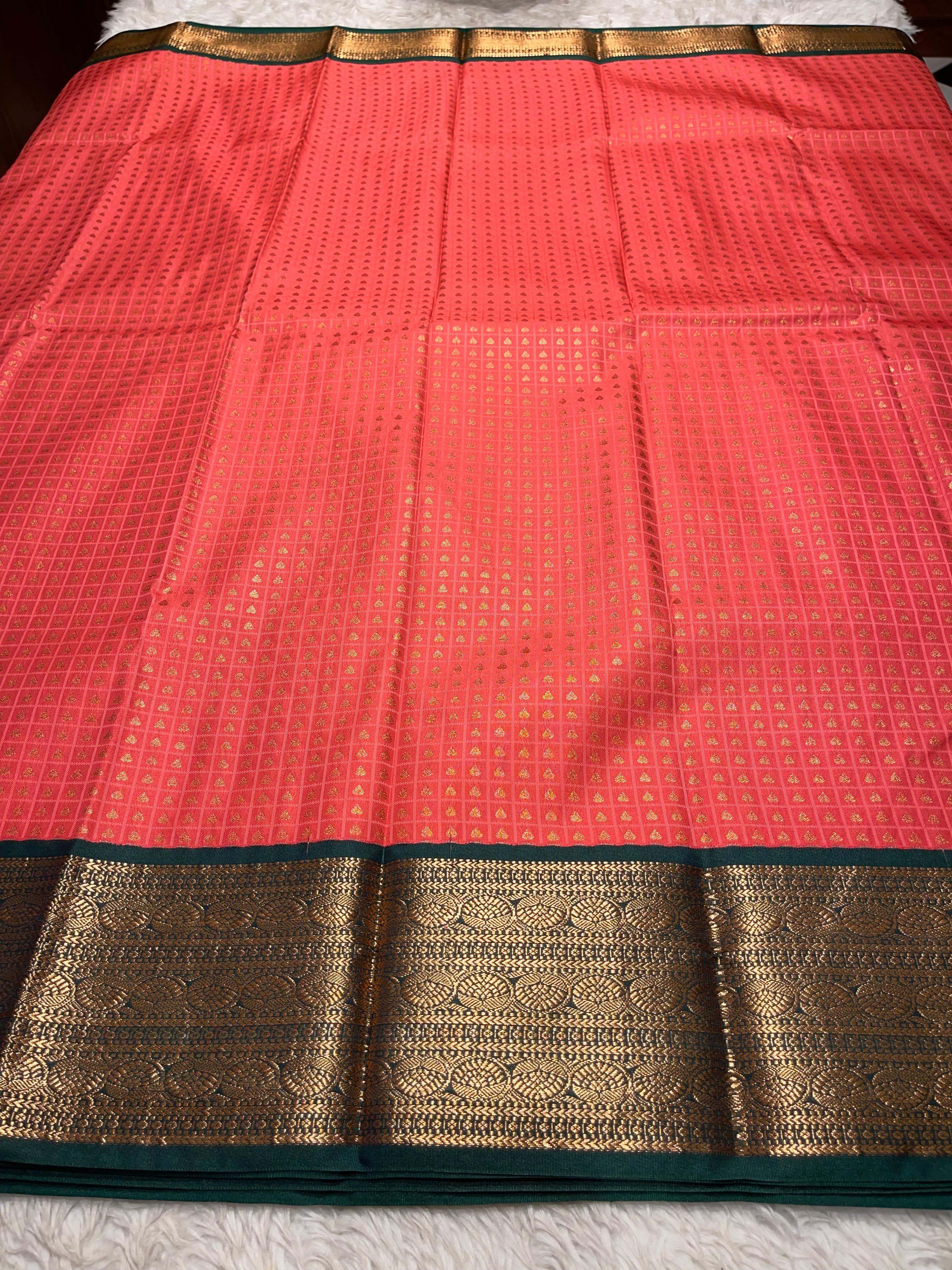 1000 BUTTAS-PEACH WITH BOTTLEGREEN3 SAREE