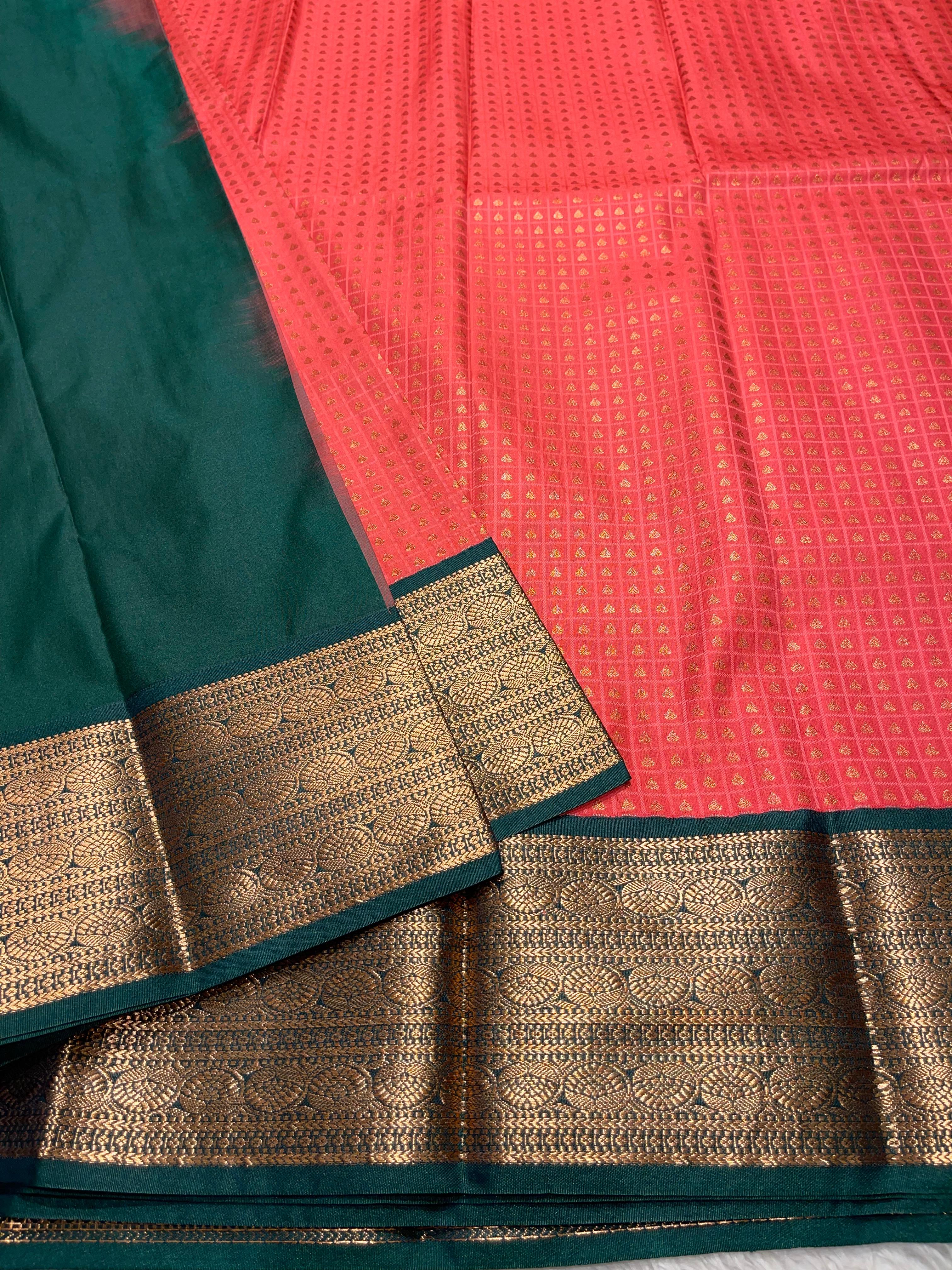 1000 BUTTAS-PEACH WITH BOTTLEGREEN3 SAREE