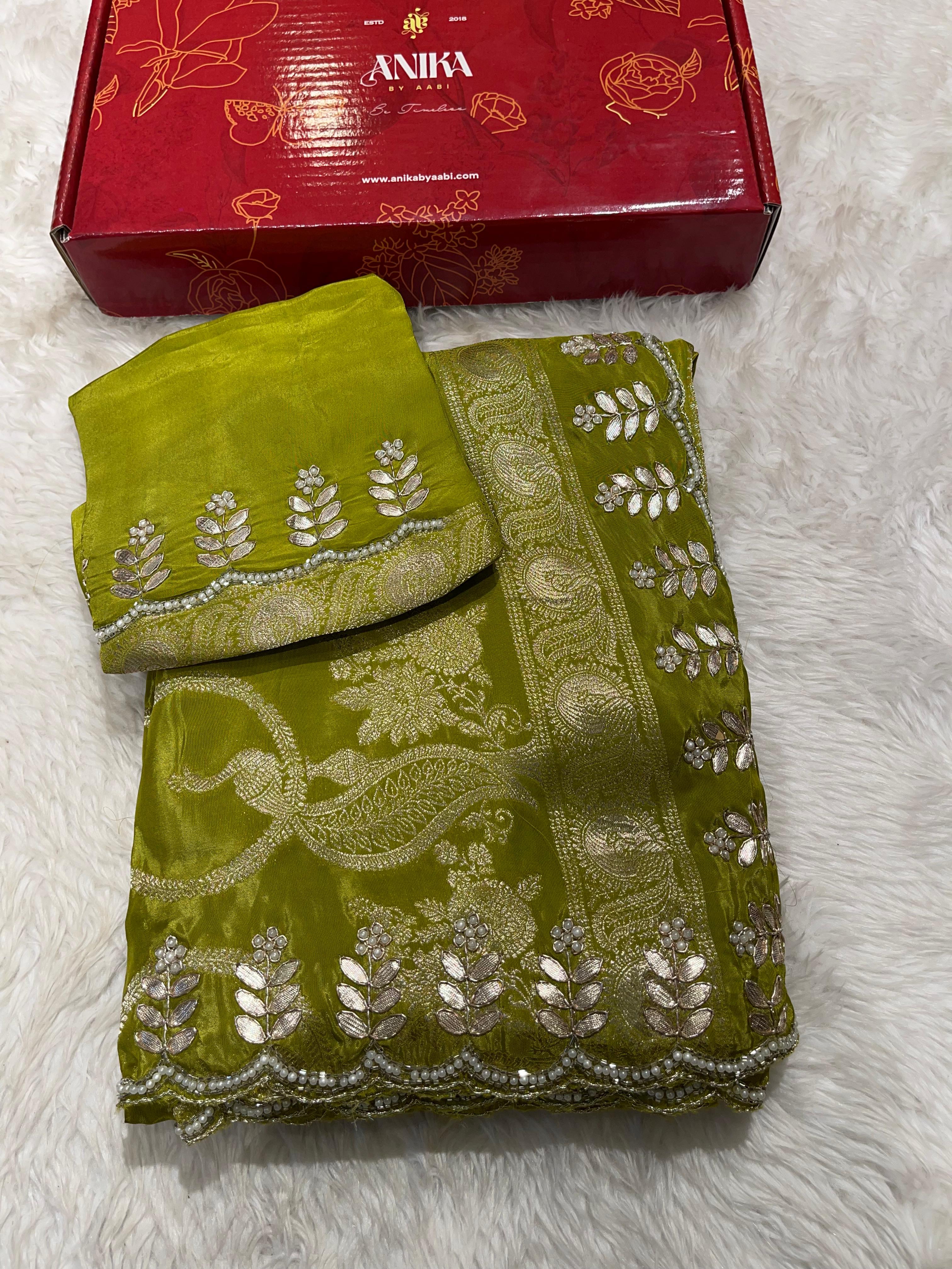 TARINI - DESIGNER CHINON SAREE - Green Saree