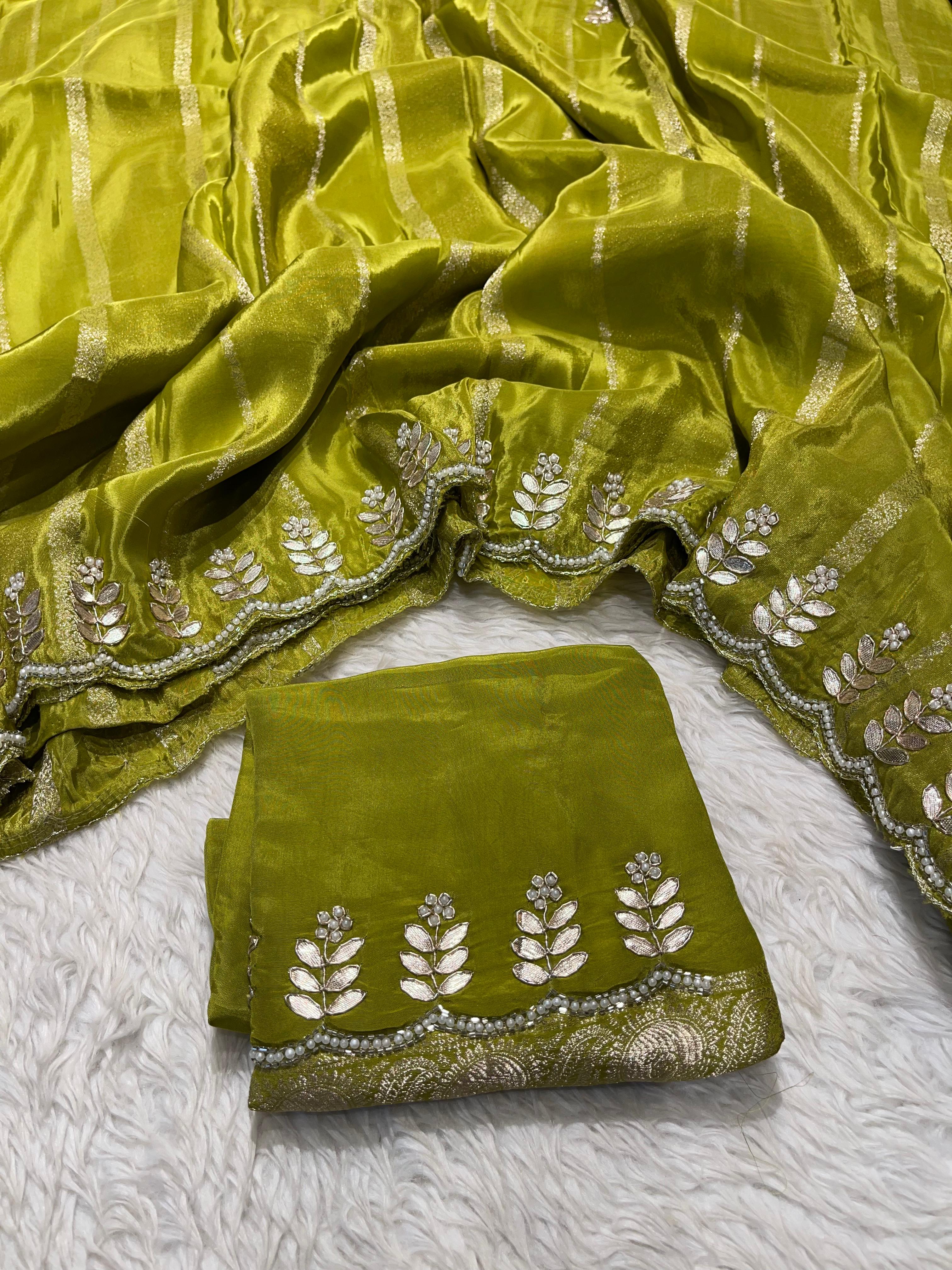 TARINI - DESIGNER CHINON SAREE - Green Saree