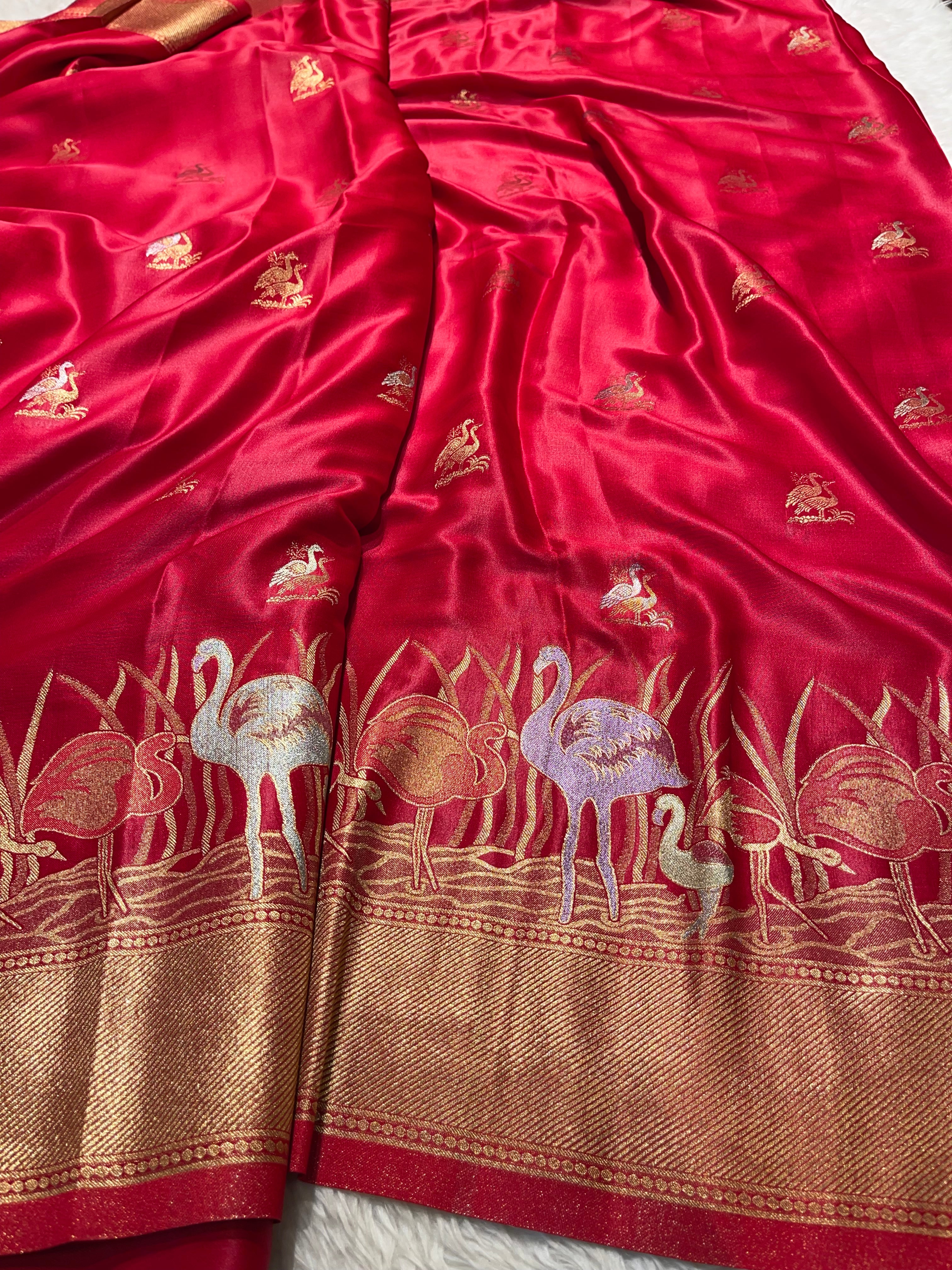 Banarasi semi katan mushro soft silk Saree- Red delight