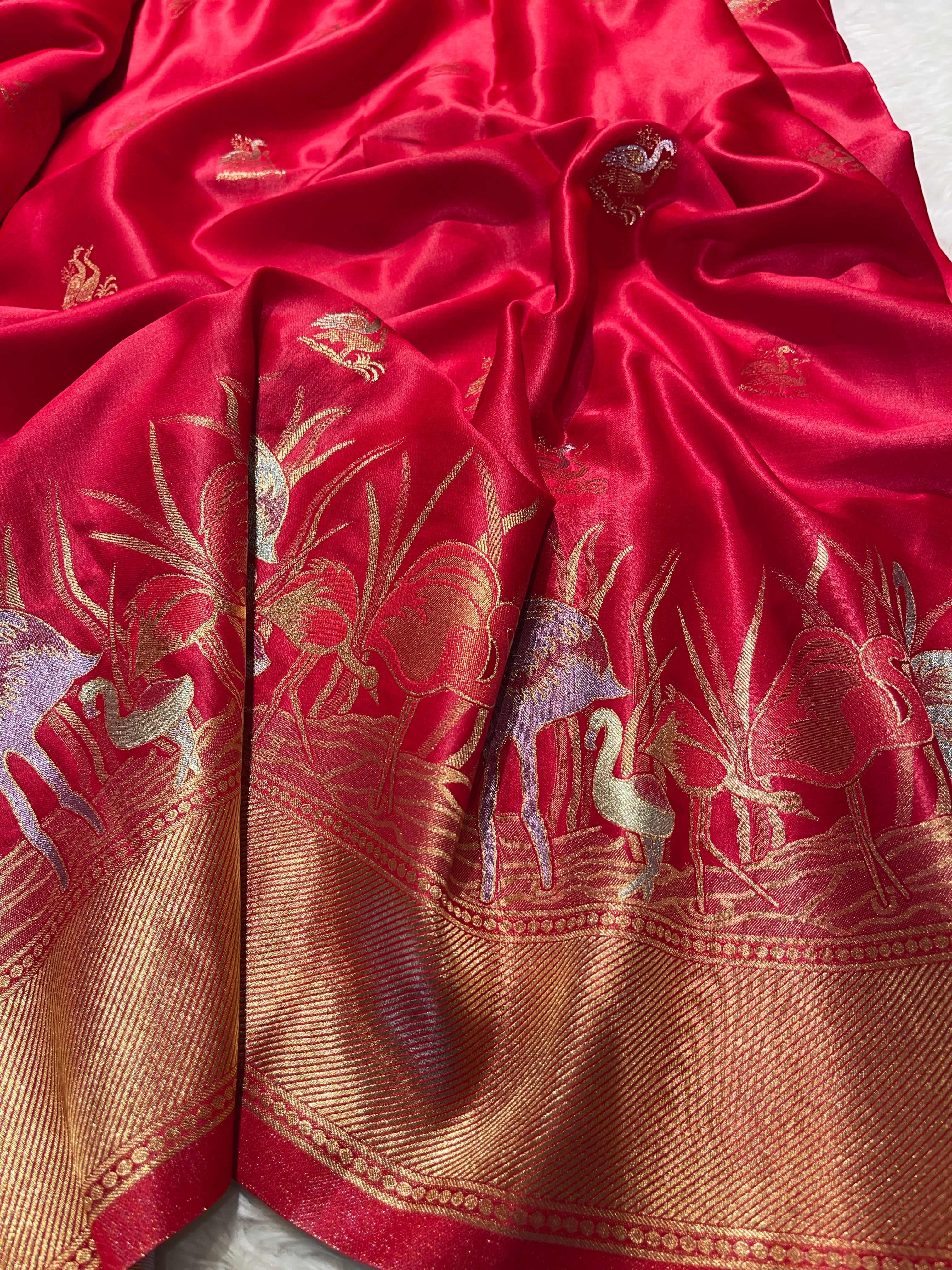 Banarasi semi katan mushro soft silk Saree- Red delight