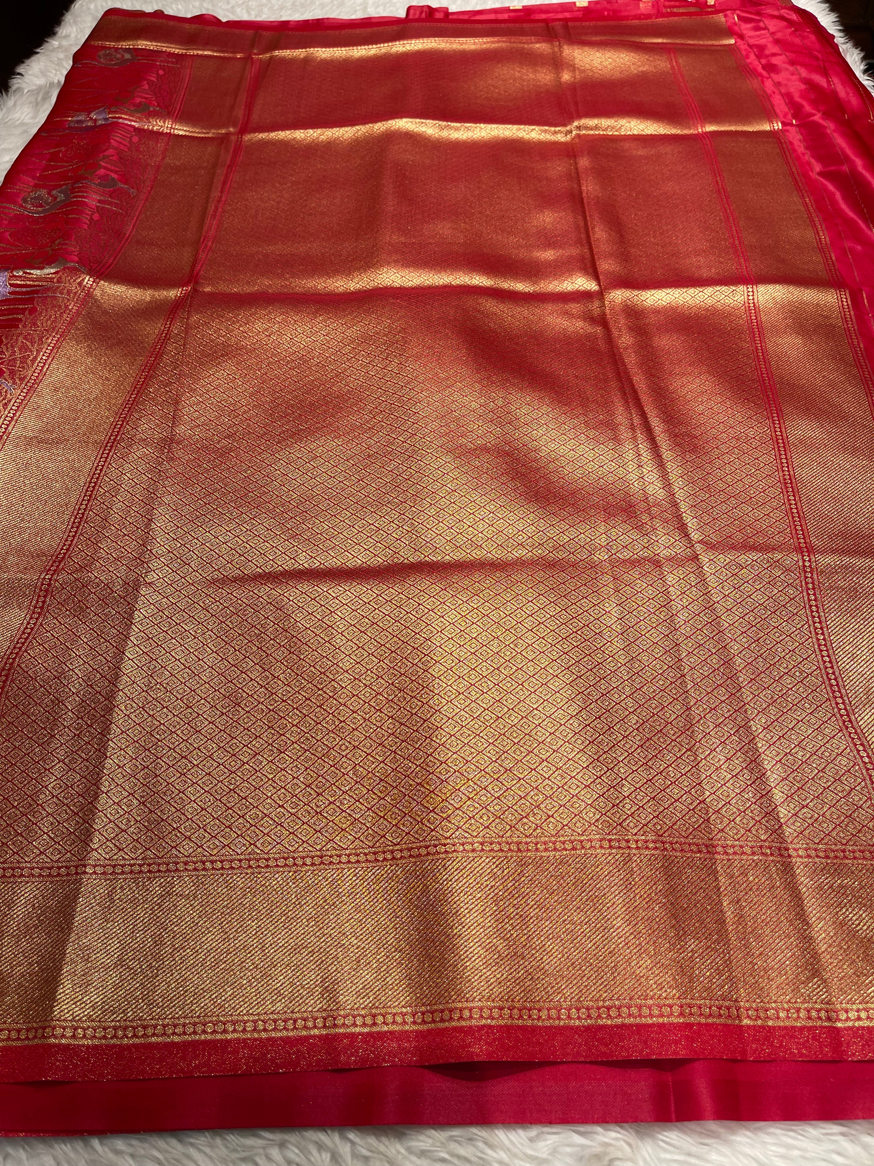 Banarasi semi katan mushro soft silk Saree- Red delight