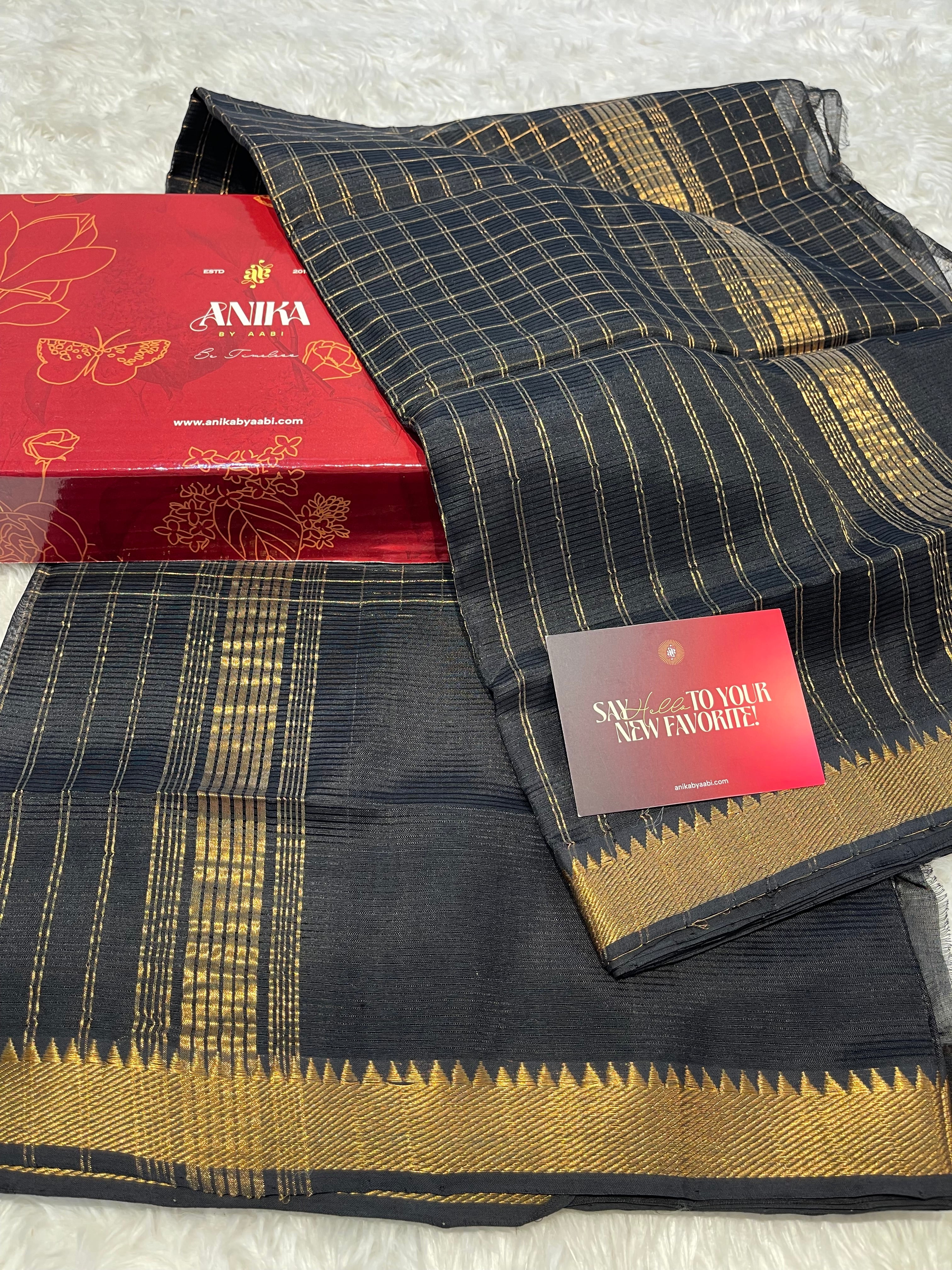 Anika's Handloom Mangalagiri pure silk saree -black