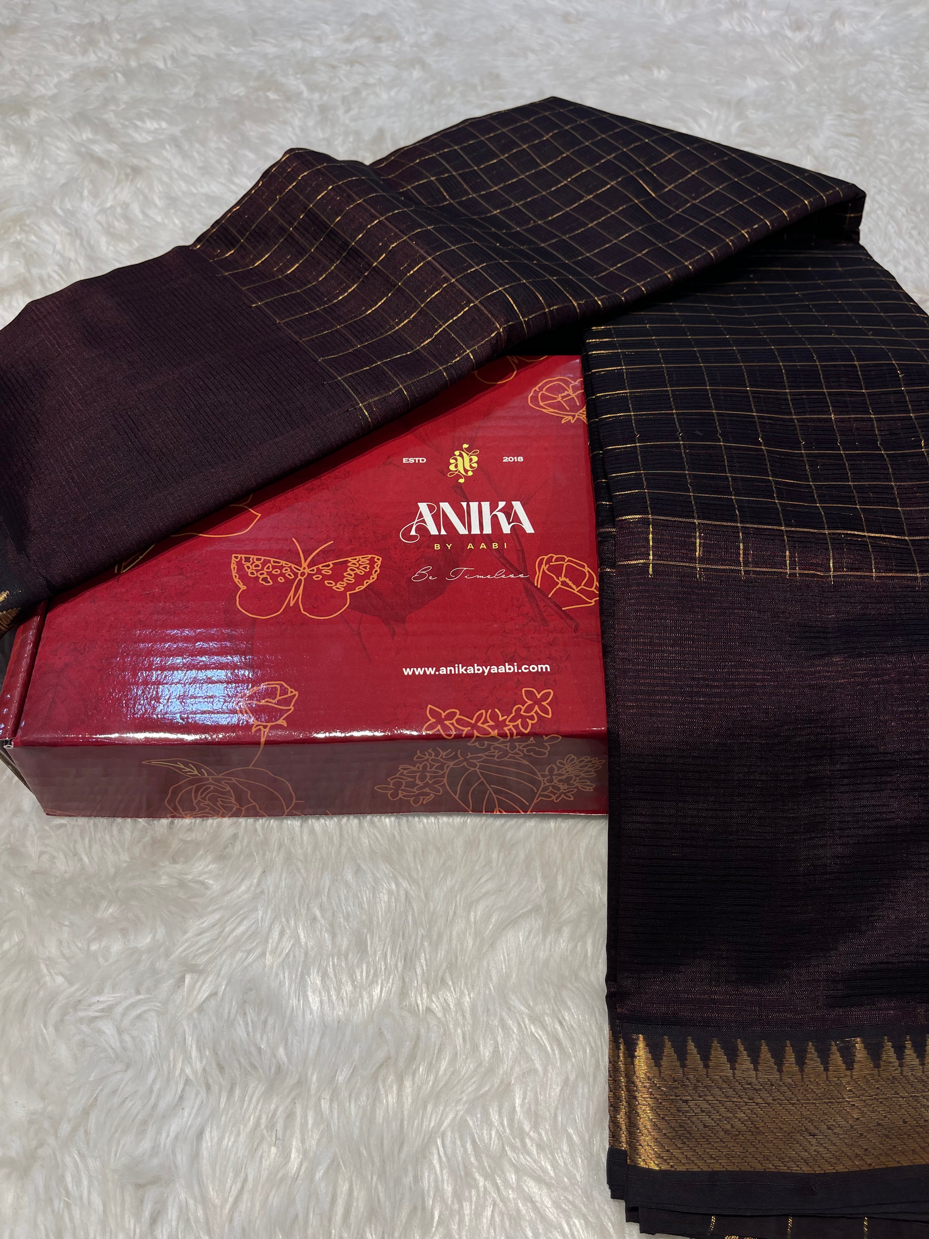 Anika's Handloom Mangalagiri pure silk saree -dark coffee brown