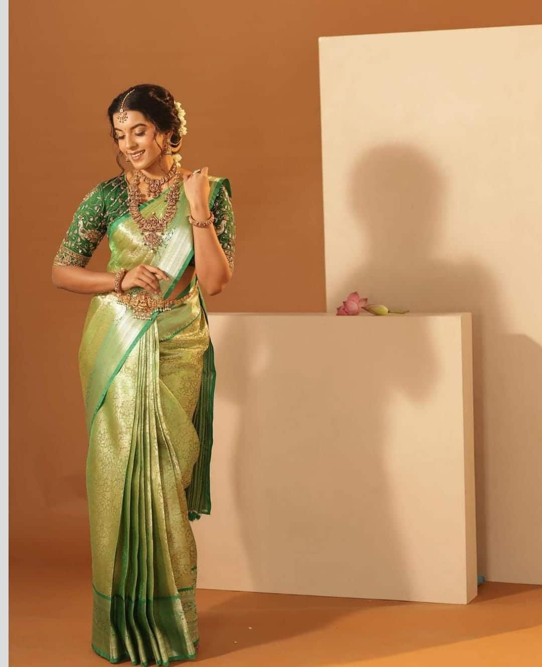 TISSUE FLORAL-GREEN DUAL TONE SAREE
