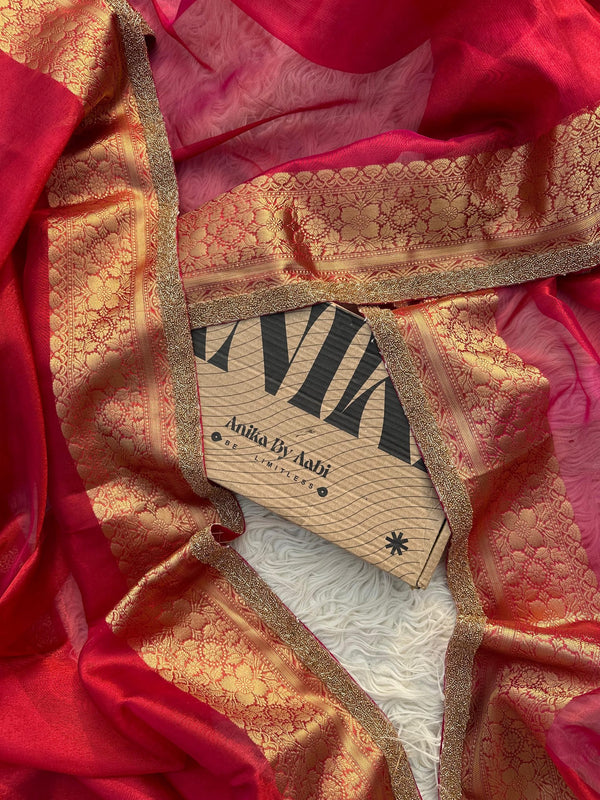 Red Tissue Silk Saree With Lace - Tissue Beats
