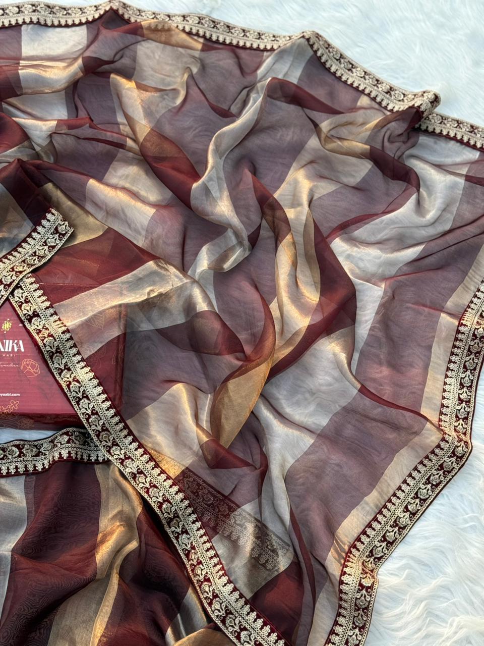 KALKI-PURE BANARASI COFFEE BROWN SILK SAREE WITH LACE