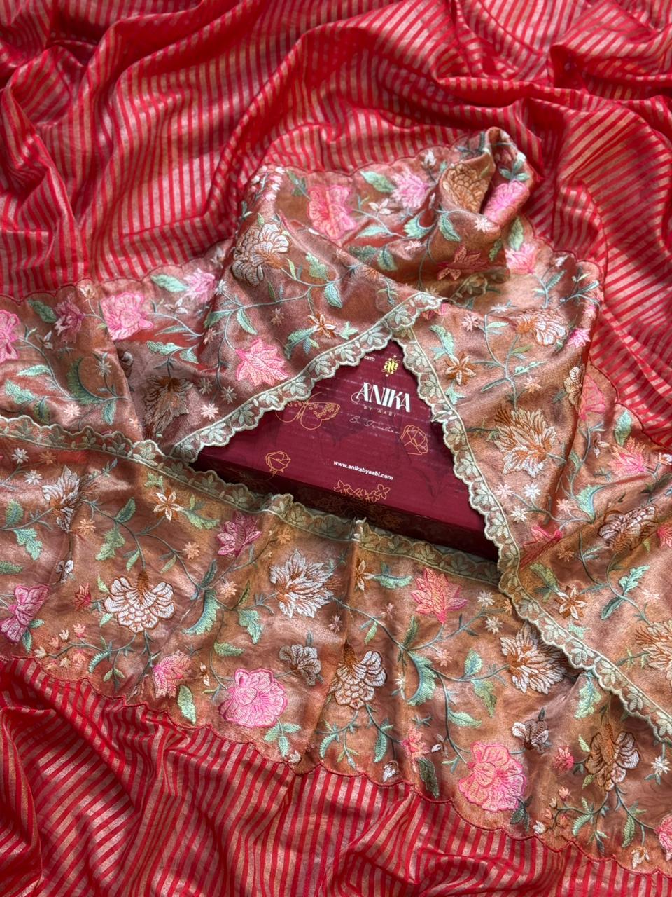 ANIKA'S TISSUE CUTWORK RED SAREE- AC02