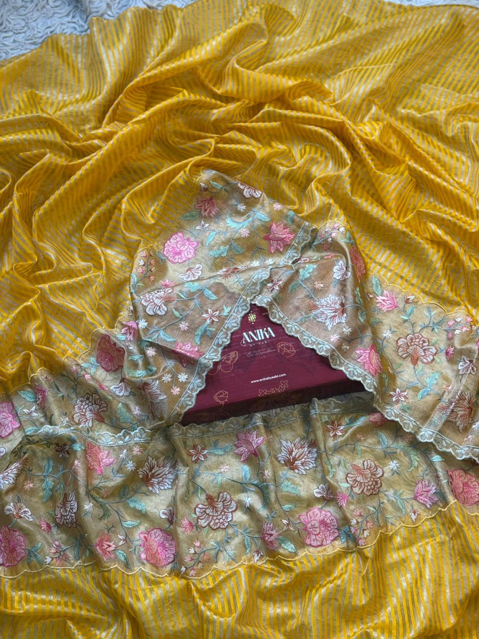 Yellow Tissue Cutwork Floral Border Saree- AC01