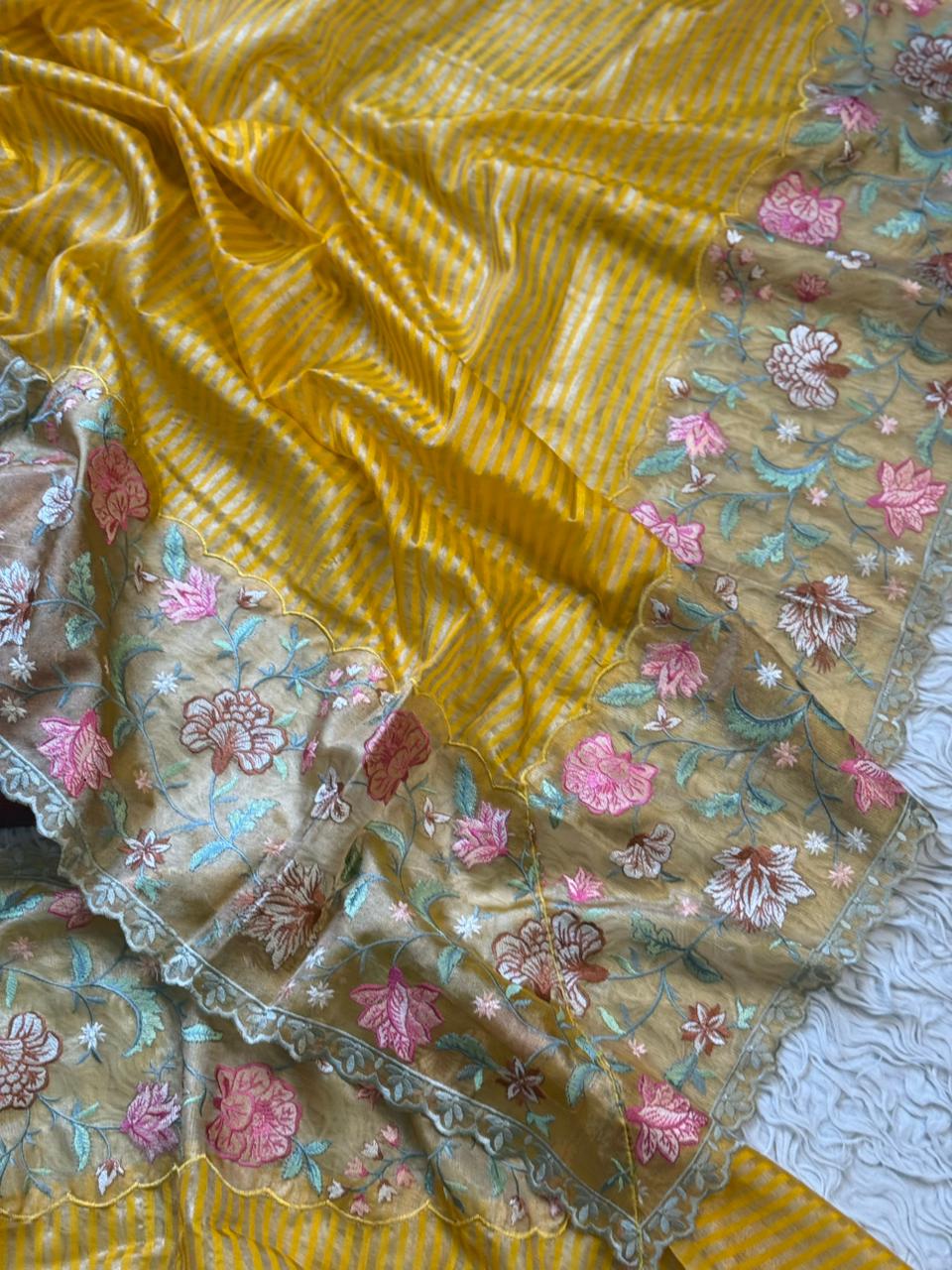 Yellow Tissue Cutwork Floral Border Saree- AC01