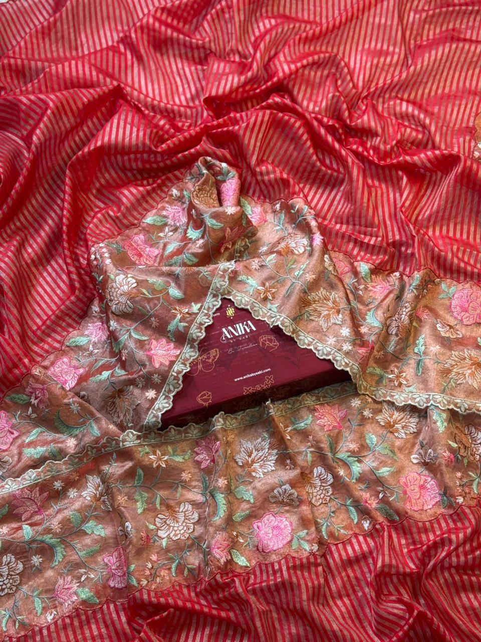 ANIKA'S TISSUE CUTWORK RED SAREE- AC02
