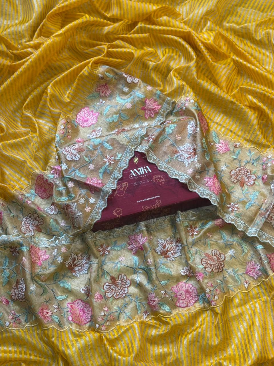 Yellow Tissue Cutwork Floral Border Saree- AC01