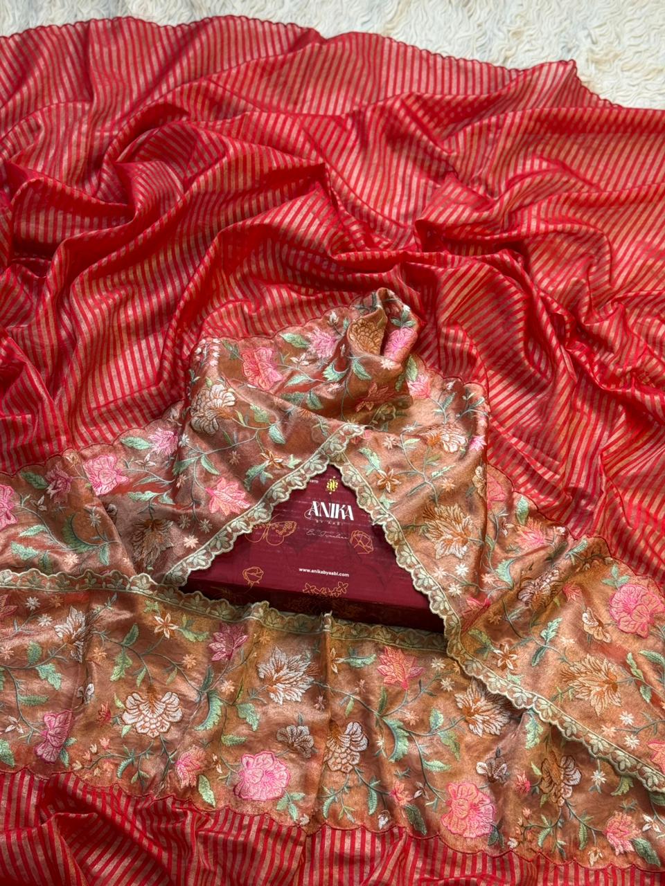 ANIKA'S TISSUE CUTWORK RED SAREE- AC02