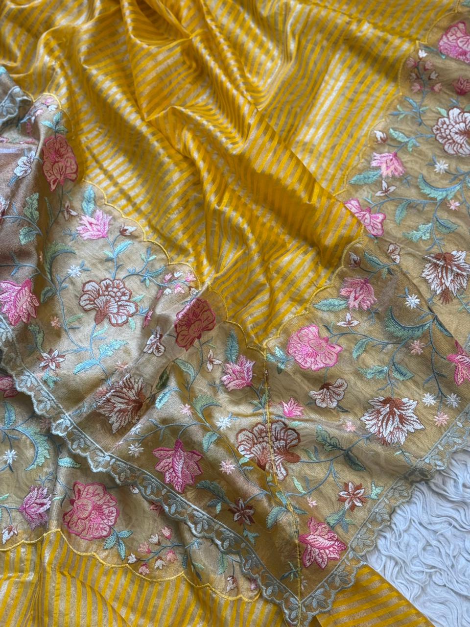 Yellow Tissue Cutwork Floral Border Saree- AC01