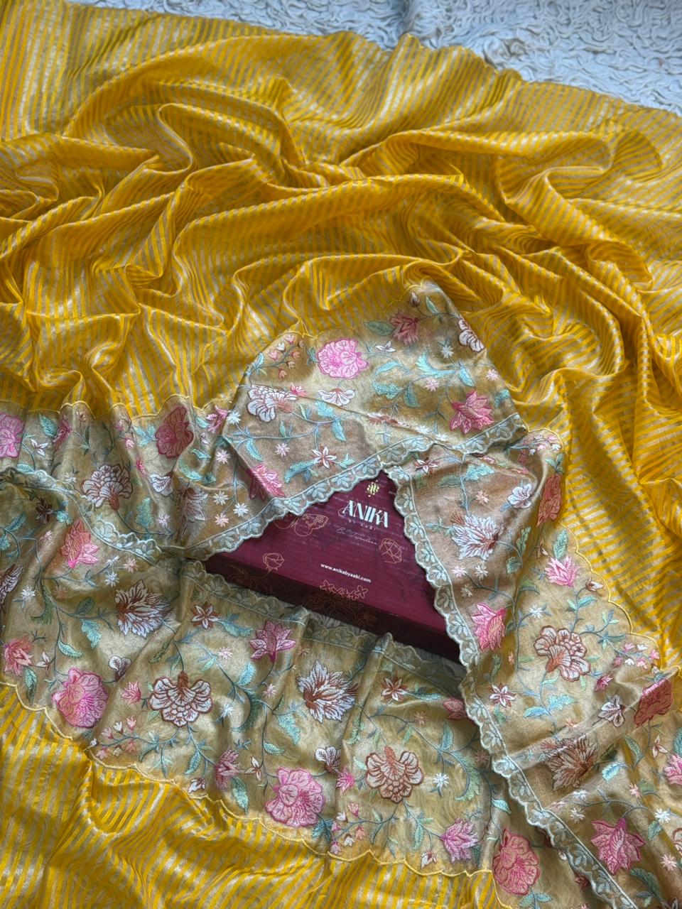 Yellow Tissue Cutwork Floral Border Saree- AC01