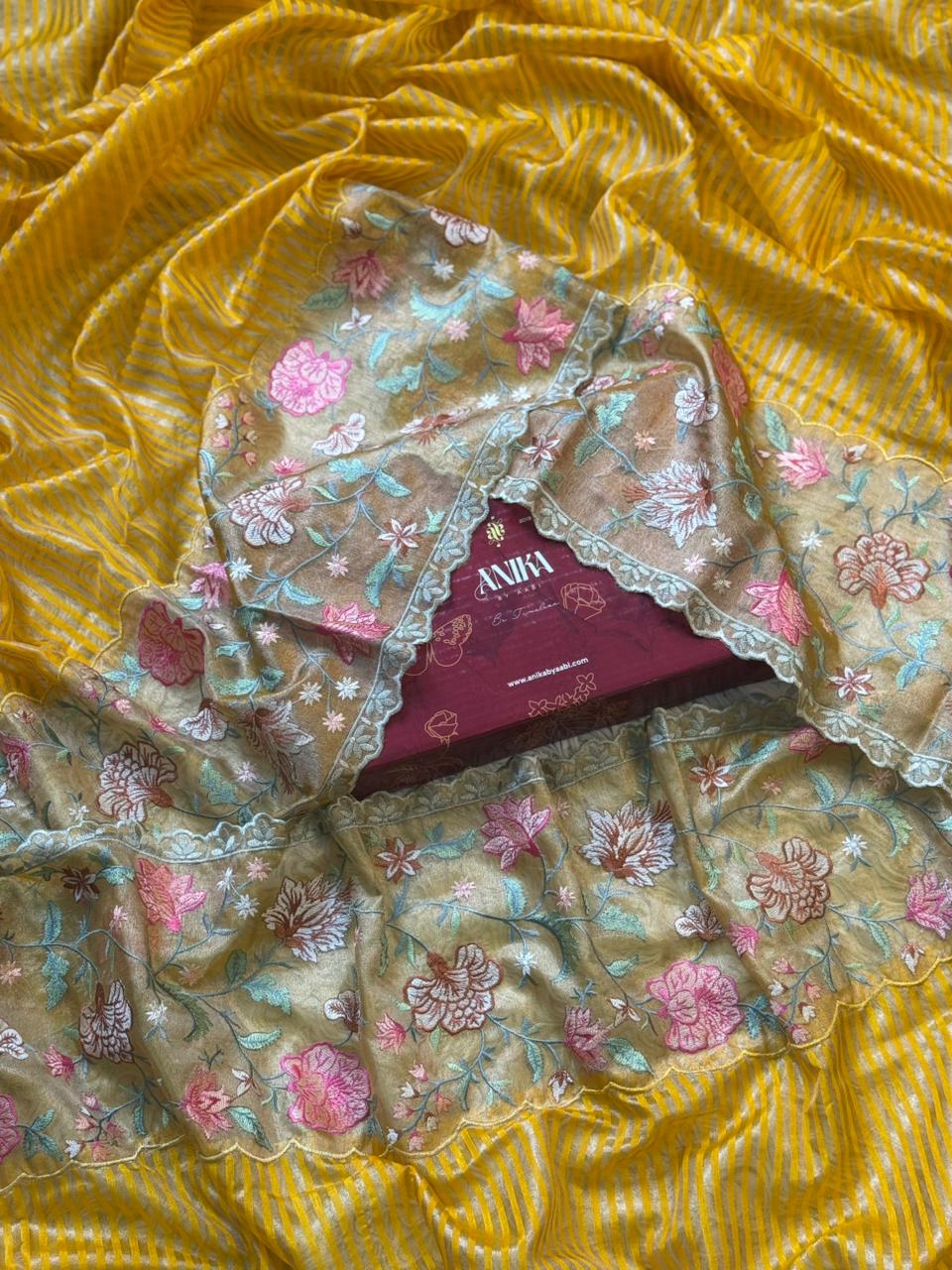 Yellow Tissue Cutwork Floral Border Saree- AC01