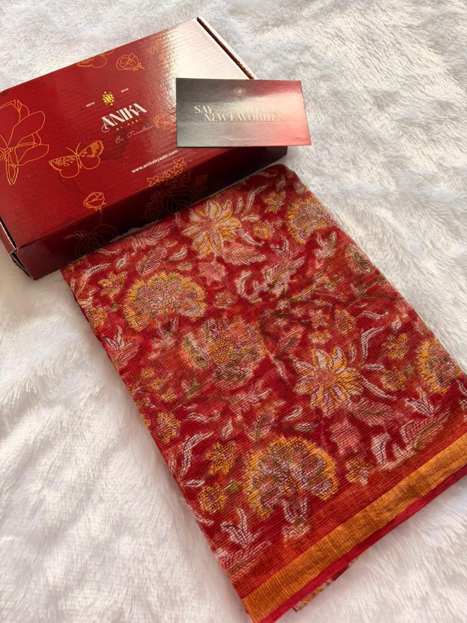 Crimson Red Pure Kota Cotton Floral Print Saree – Crimson Garden