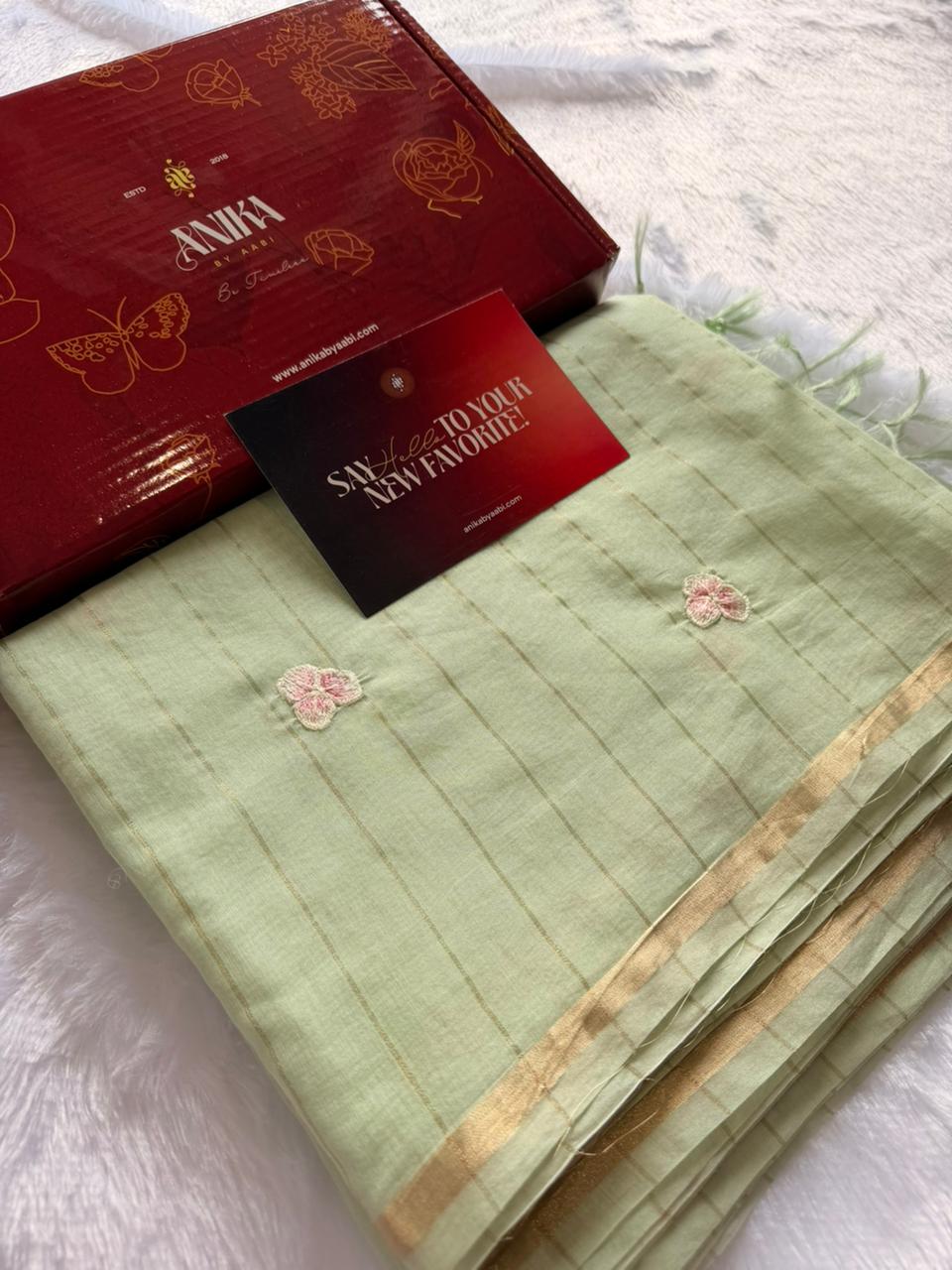 Pastel Green Chanderi Linen Embroidered Saree – Bloom Edit AC01