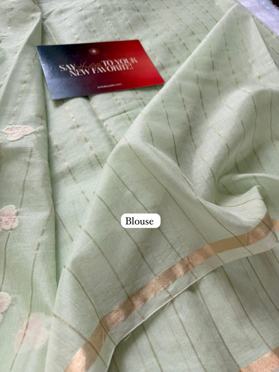 Pastel Green Chanderi Linen Embroidered Saree – Bloom Edit AC01
