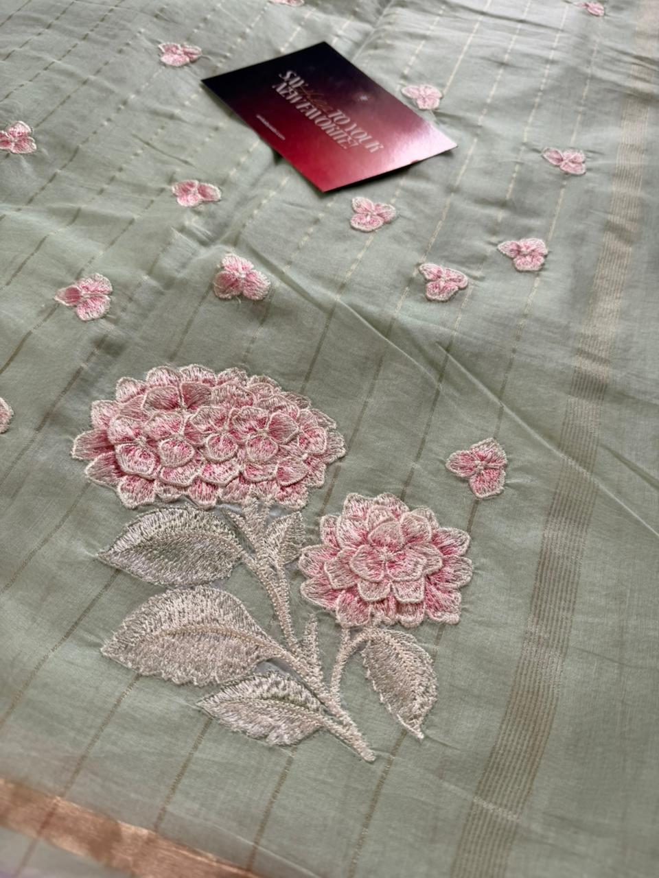 Pastel Green Chanderi Linen Embroidered Saree – Bloom Edit AC01