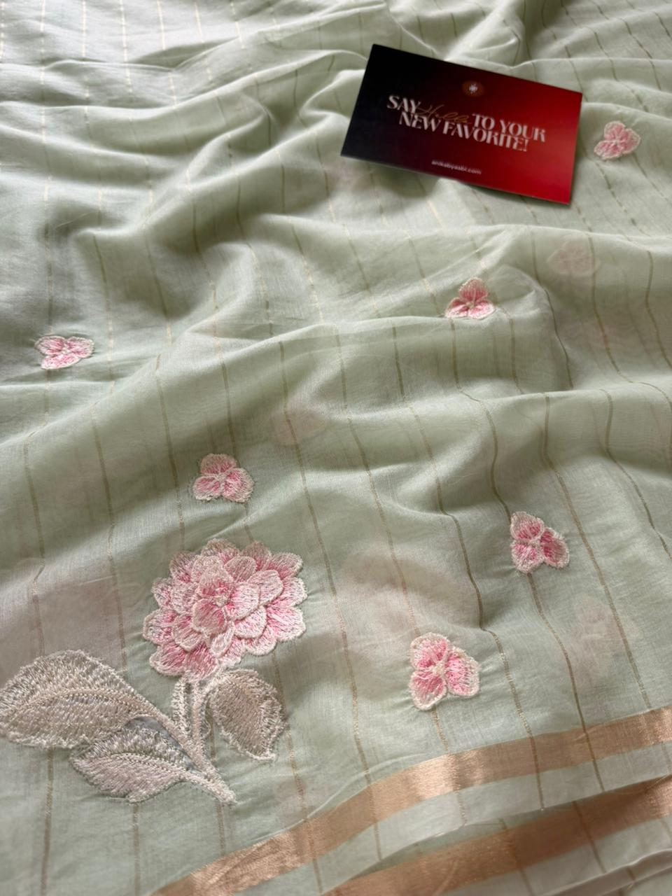 Pastel Green Chanderi Linen Embroidered Saree – Bloom Edit AC01