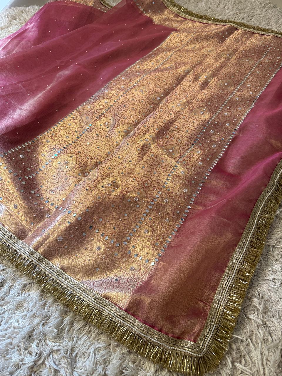 Pink Banarasi Tissue silk saree with mirror work and lace - YASHI