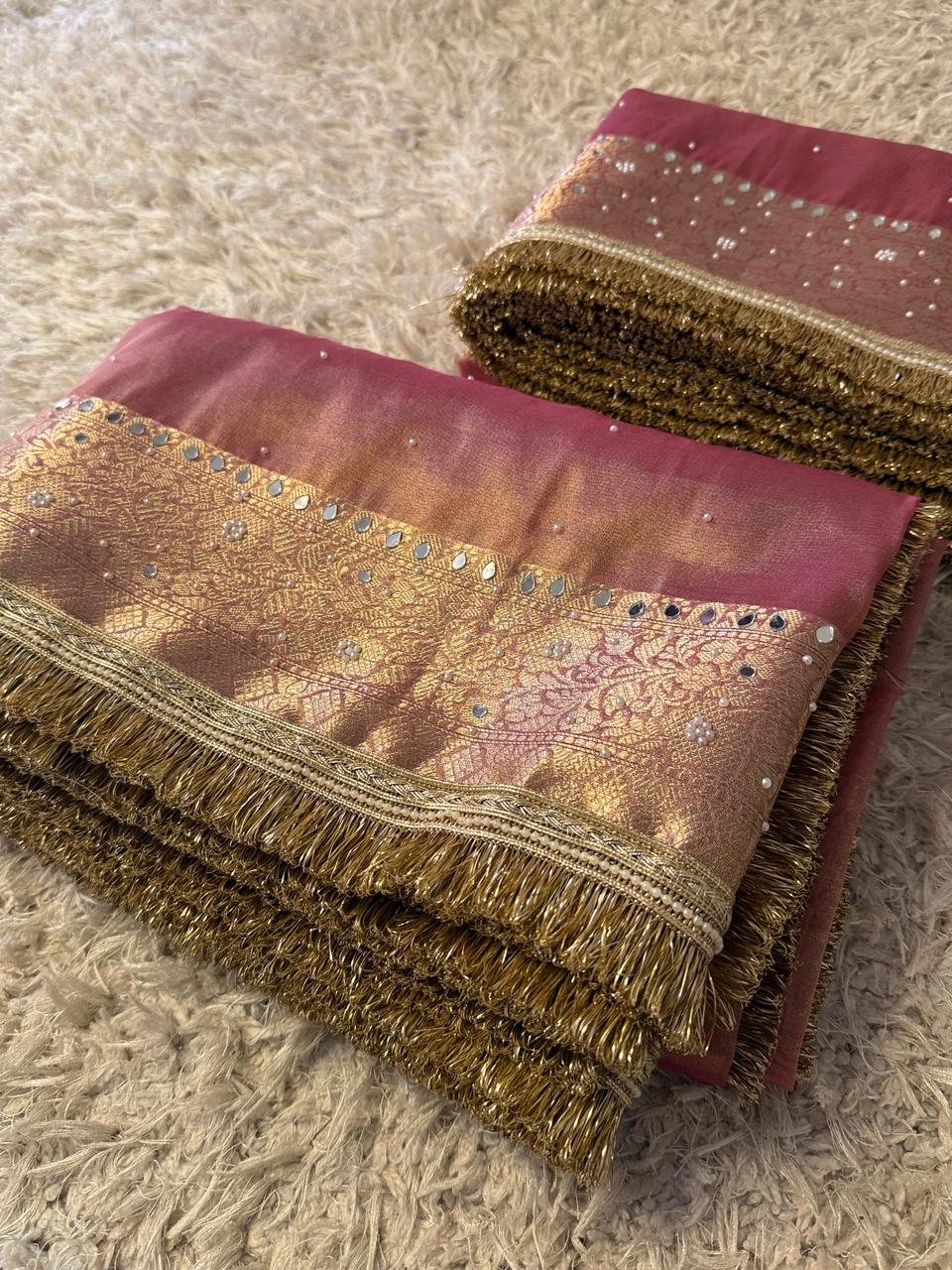 Pink Banarasi Tissue silk saree with mirror work and lace - YASHI