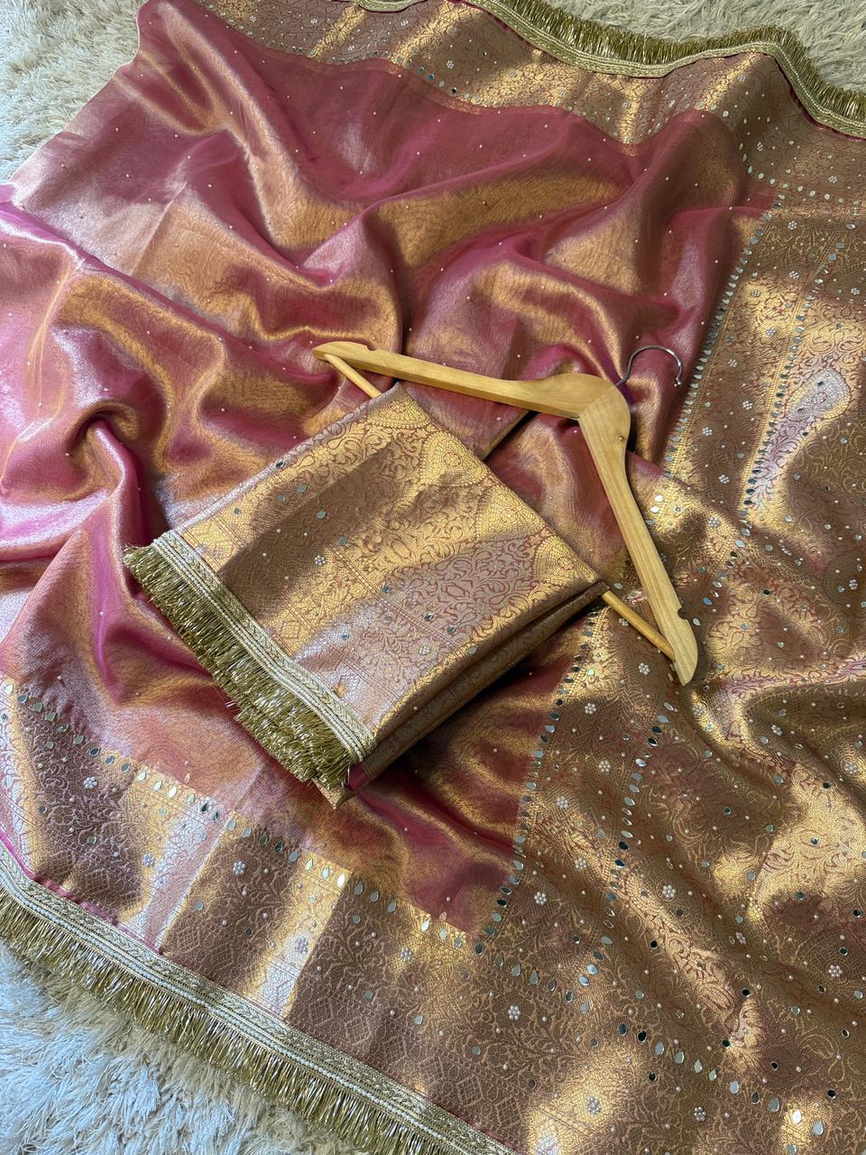 Pink Banarasi Tissue silk saree with mirror work and lace - YASHI