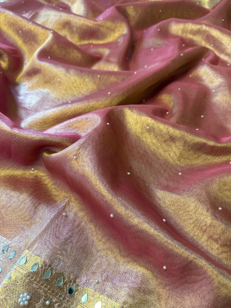 Pink Banarasi Tissue silk saree with mirror work and lace - YASHI
