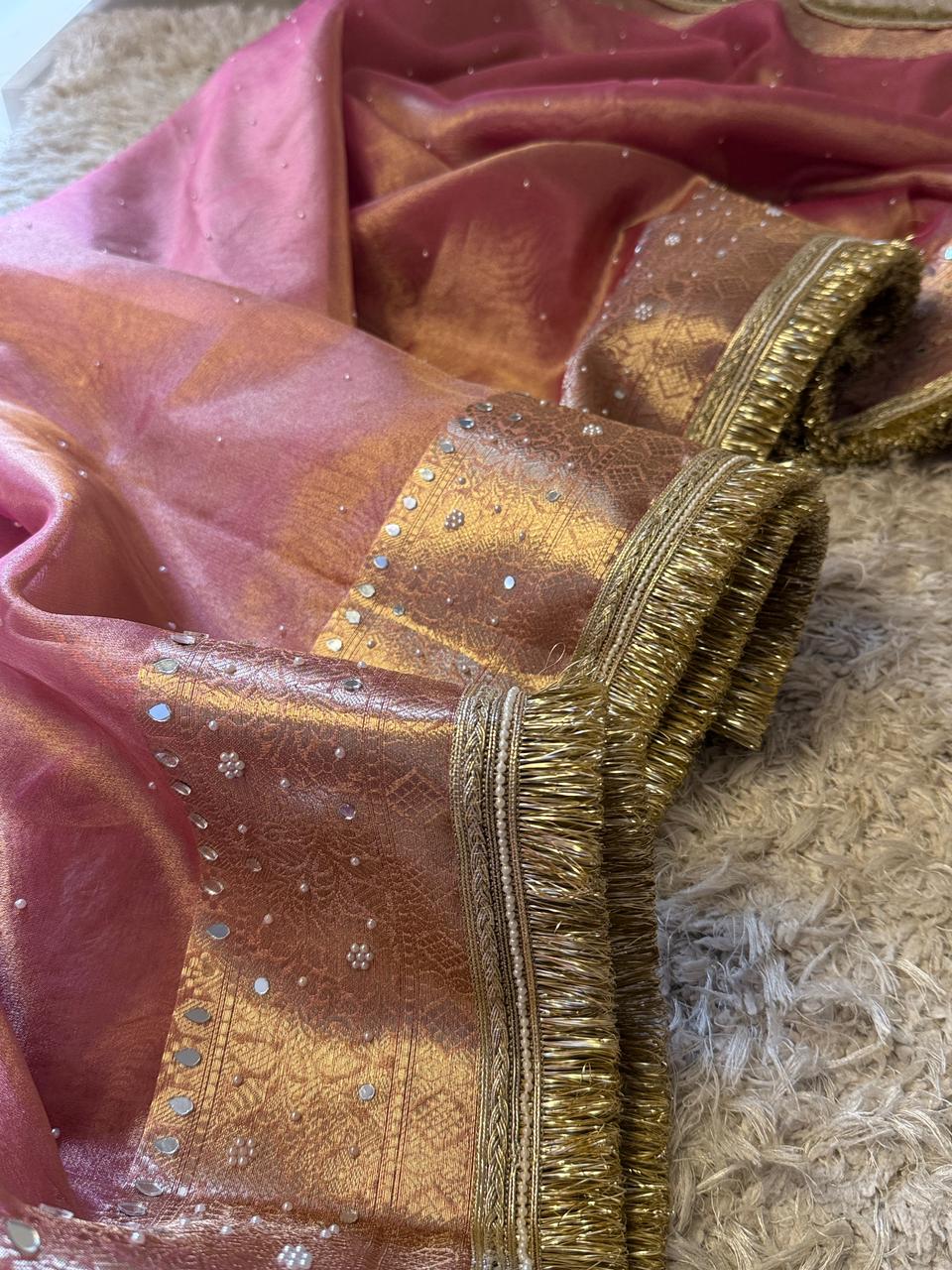 Pink Banarasi Tissue silk saree with mirror work and lace - YASHI