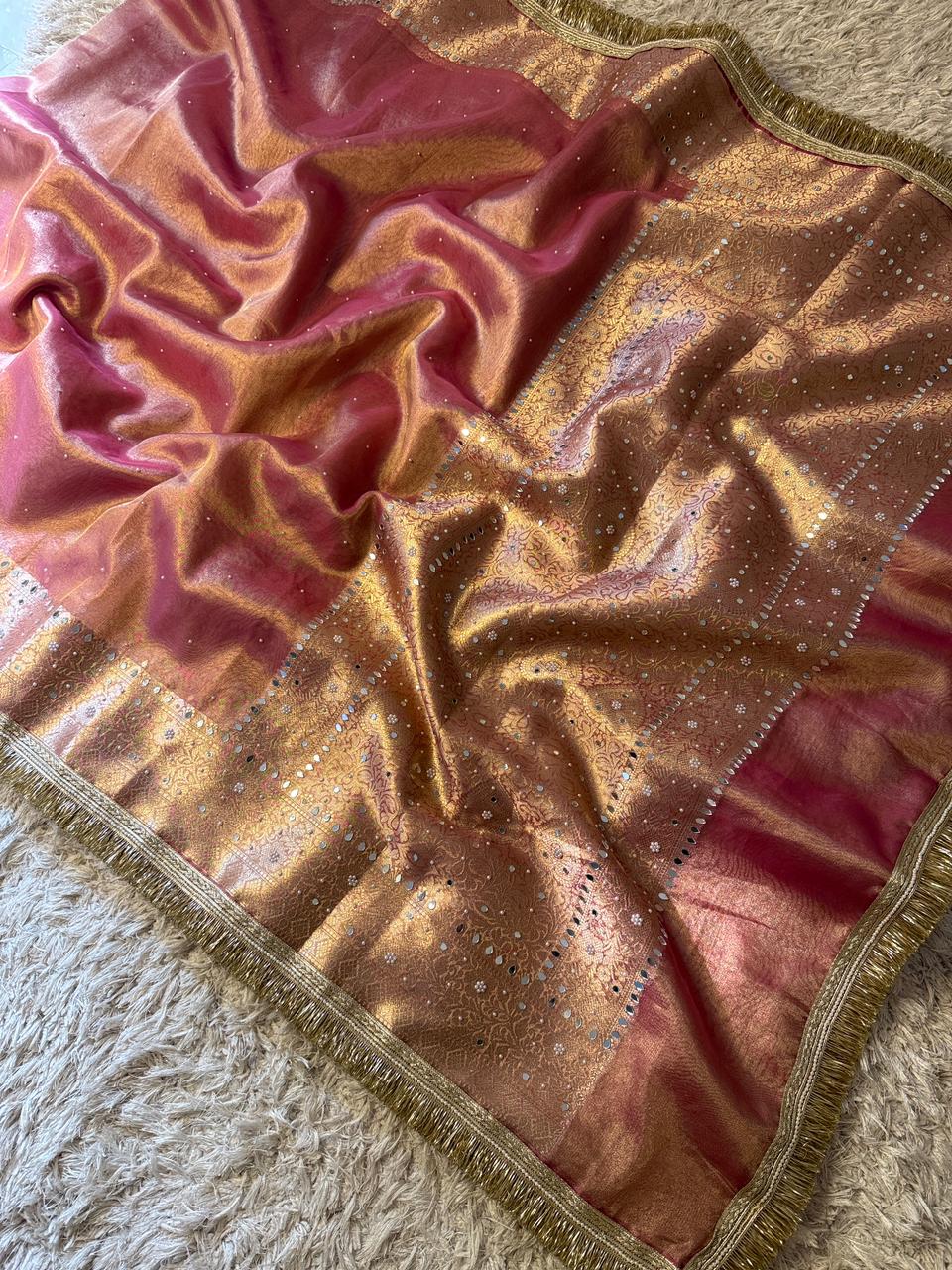Pink Banarasi Tissue silk saree with mirror work and lace - YASHI