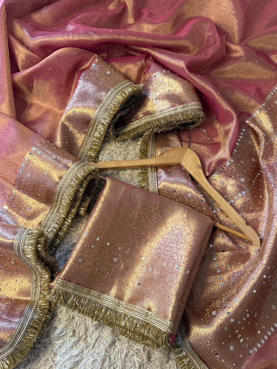 Pink Banarasi Tissue silk saree with mirror work and lace - YASHI