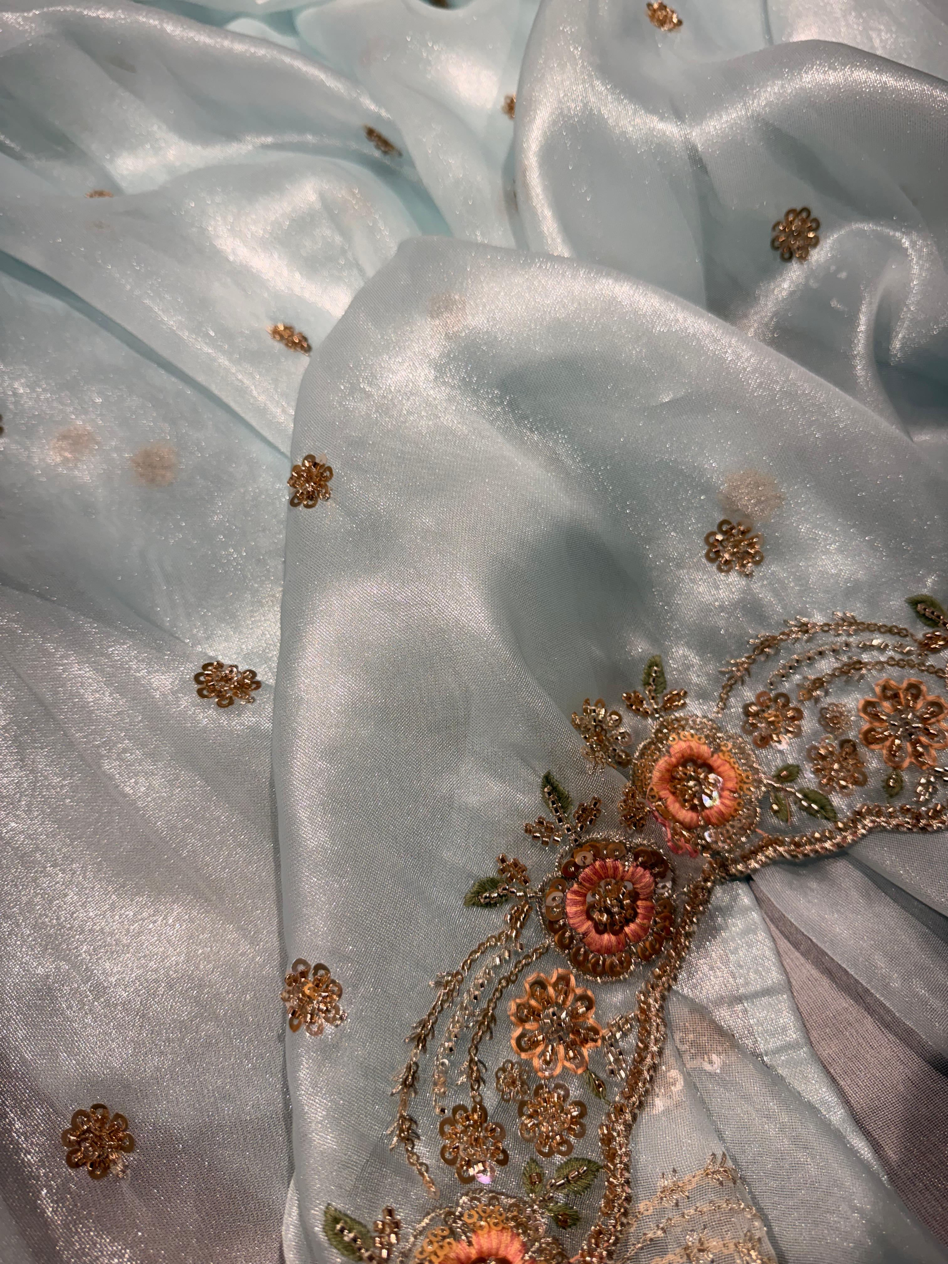Sky Blue Designer Tissue Silk Saree - Anaya AA42