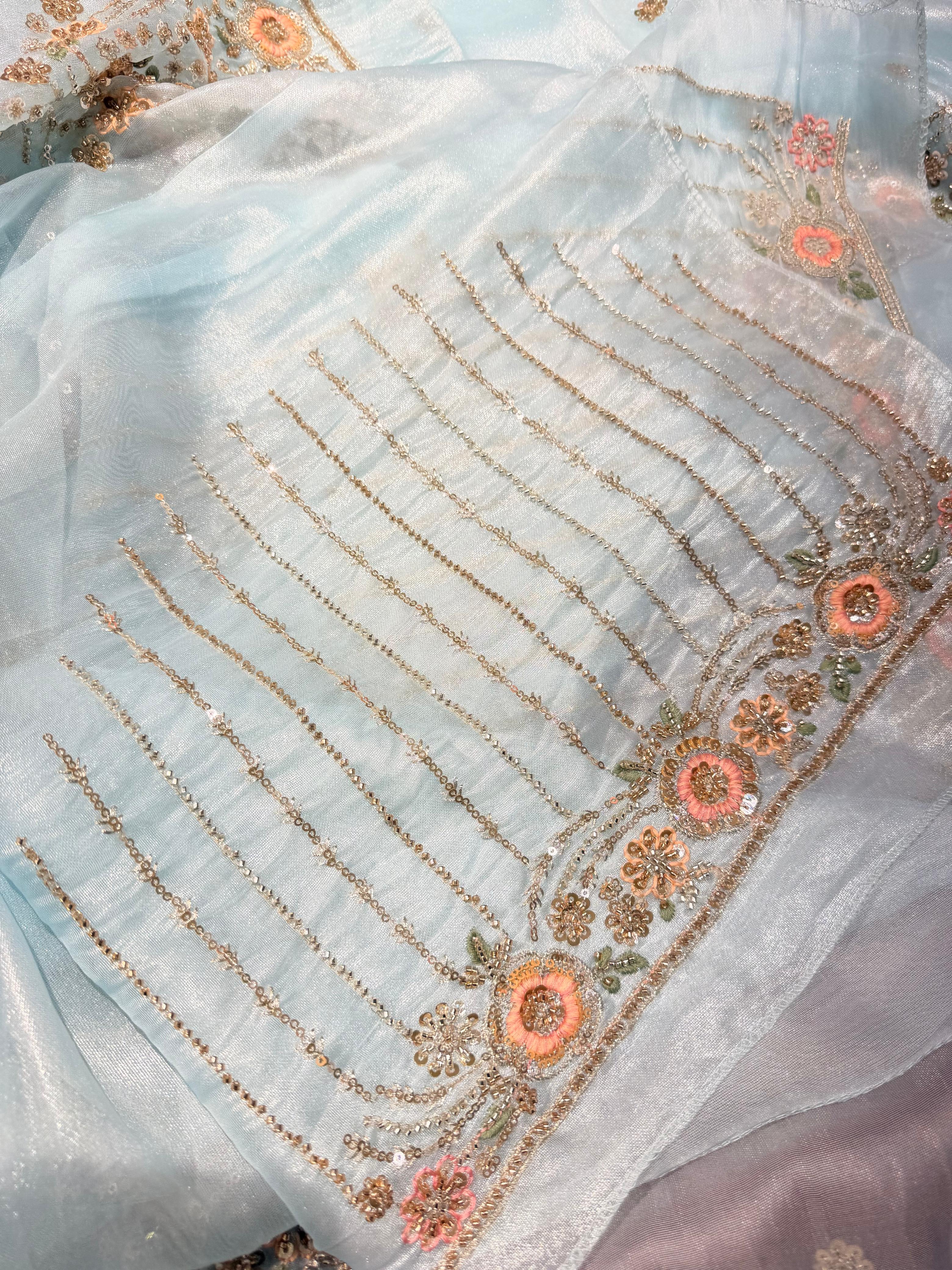 Sky Blue Designer Tissue Silk Saree - Anaya AA42