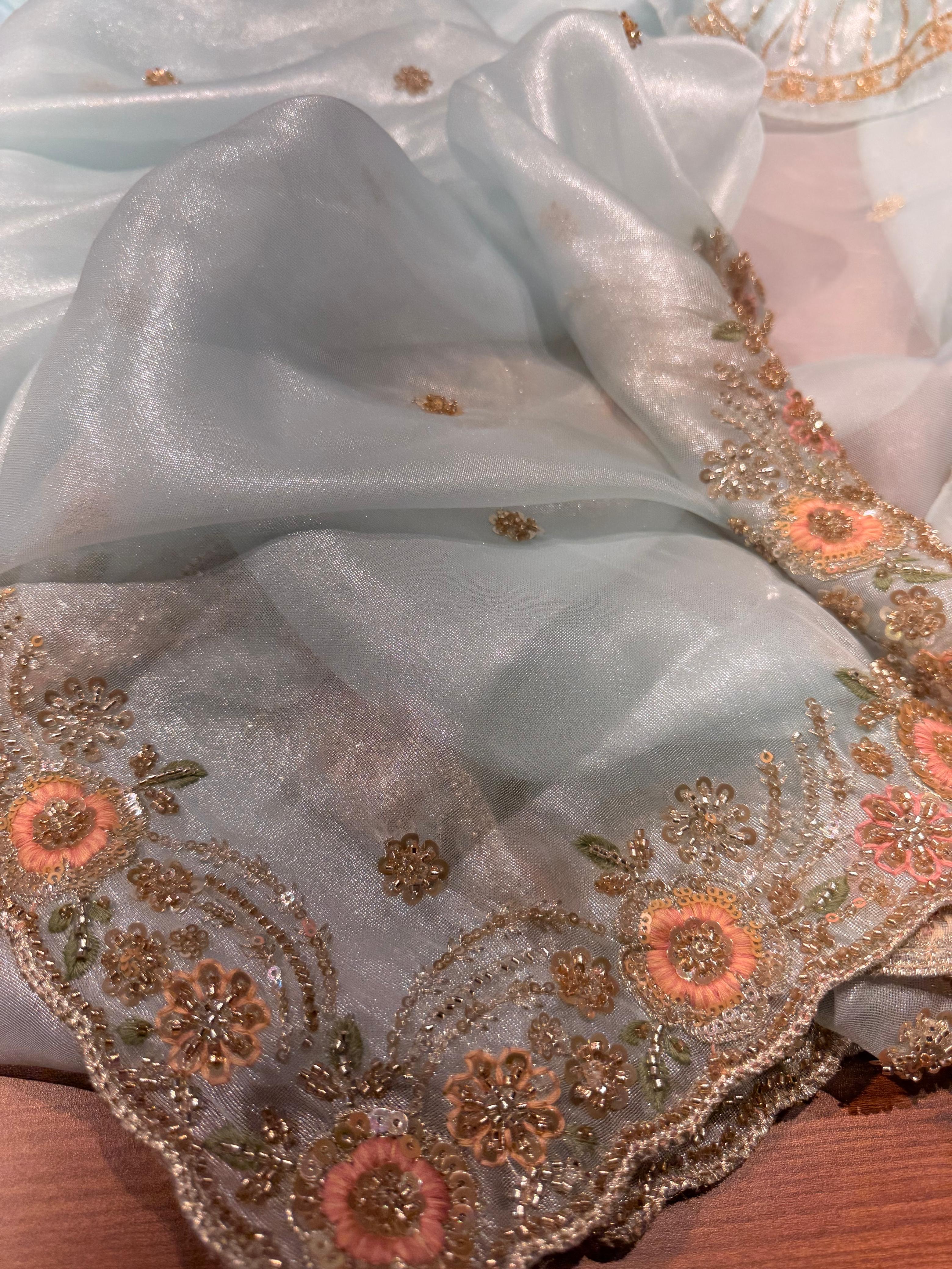 Sky Blue Designer Tissue Silk Saree - Anaya AA42