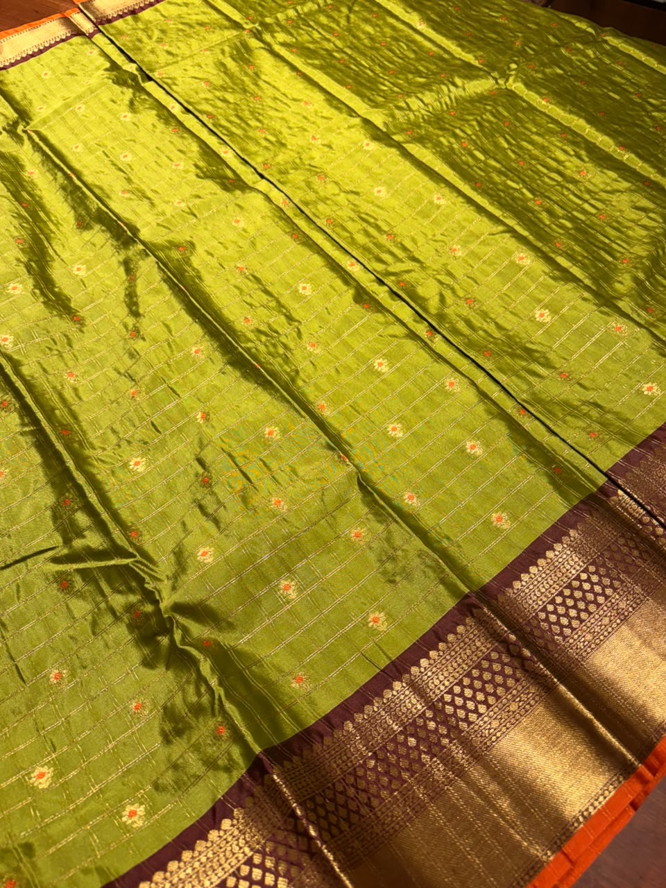 Checks Butta Kanchi Semi Silk Saree - Green-Dark Purple - ASC03