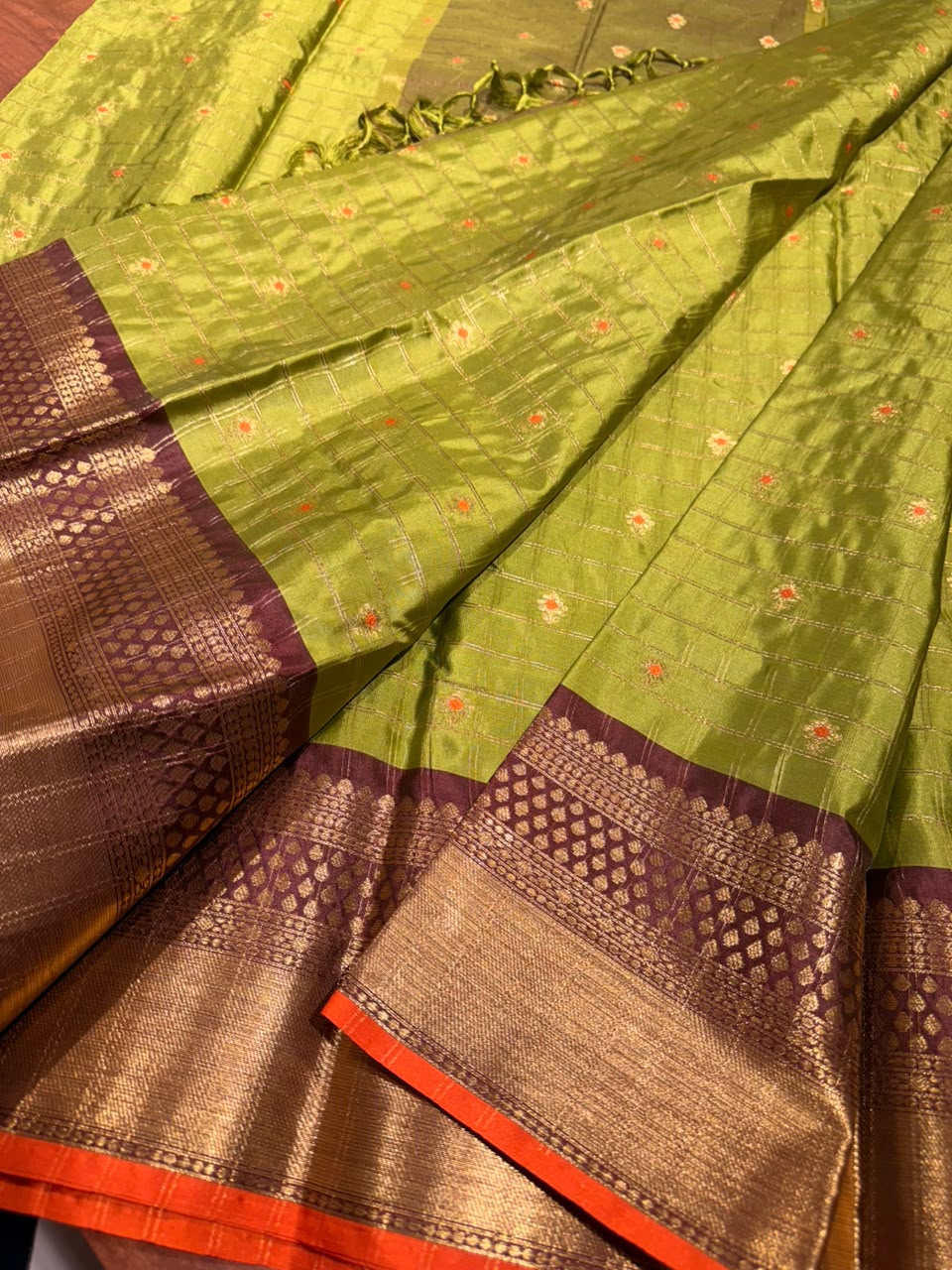 Checks Butta Kanchi Semi Silk Saree - Green-Dark Purple - ASC03